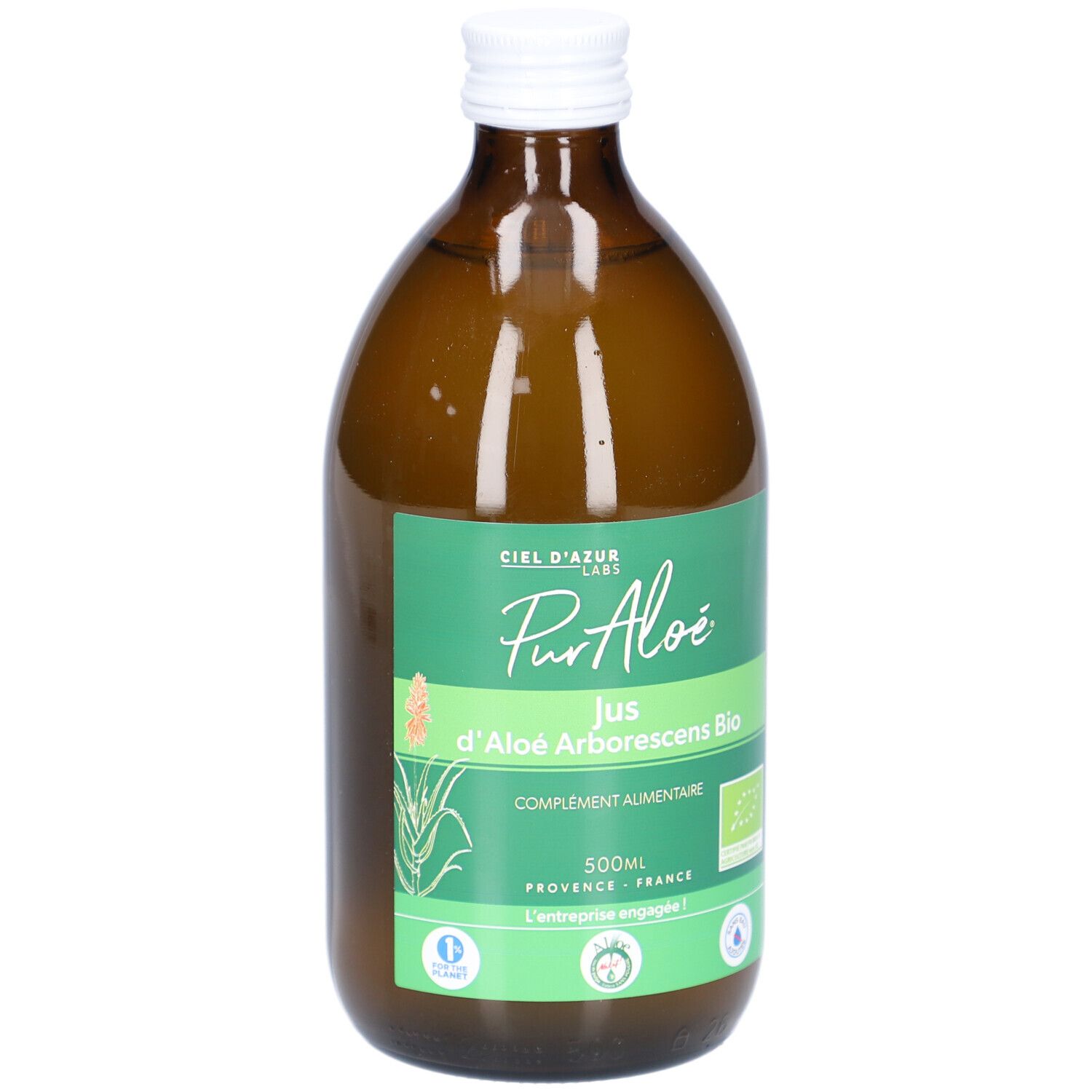 Bouteille en verre brun, bouchon blanc. Étiquette verte et blanche avec texte: PurAloé, Jus d'Aloé Arborescens Bio, complément alimentaire.