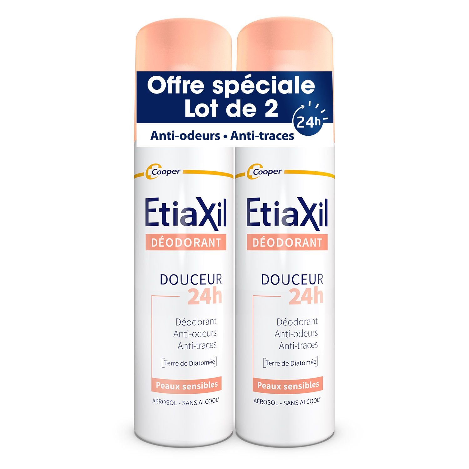 Deux sprays EtiaXil. Offre spéciale lot de 2. Anti-odeurs, anti-traces. Bouchon rose.