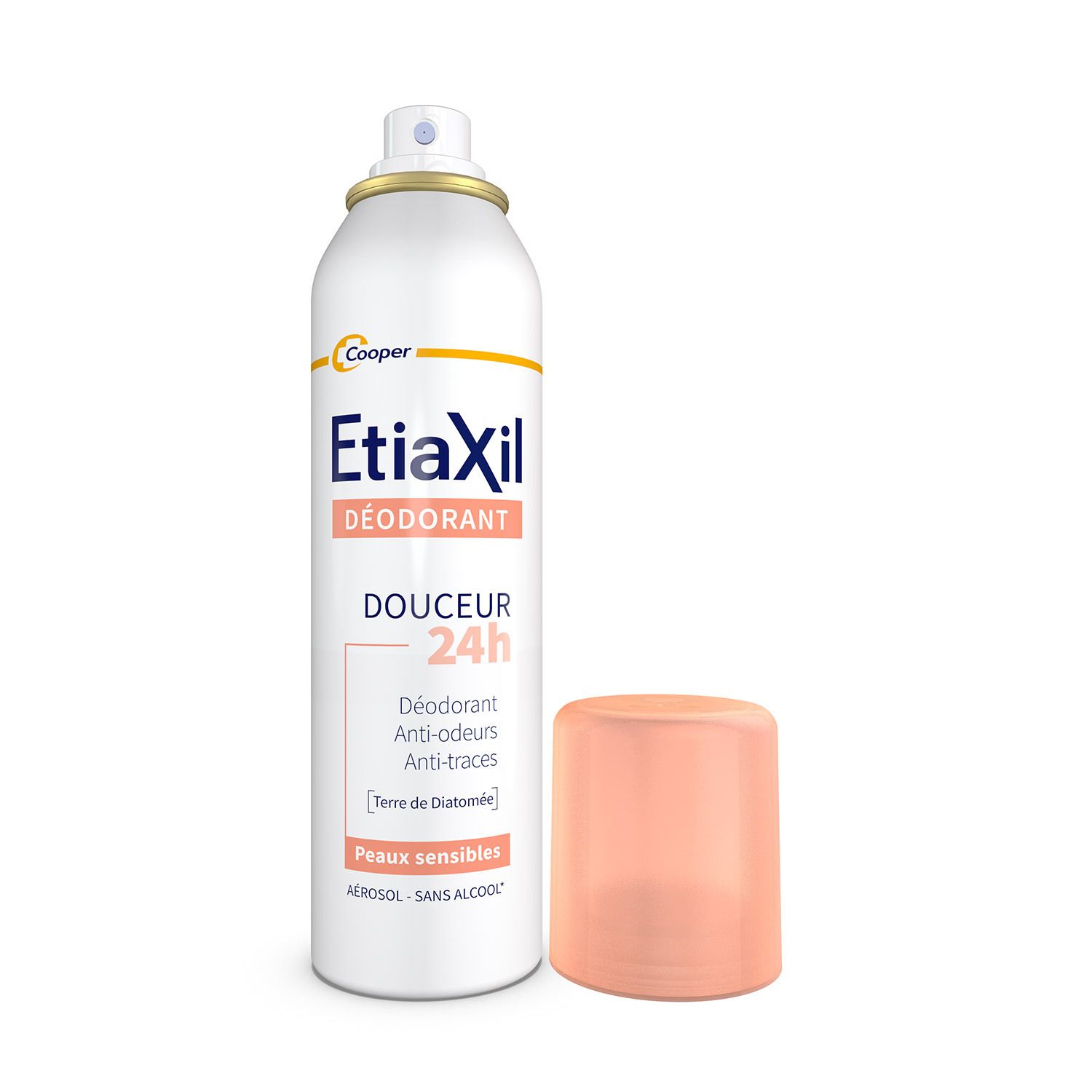 Spray déodorant EtiaXil avec bouchon rose. Spray blanc avec informations produit.