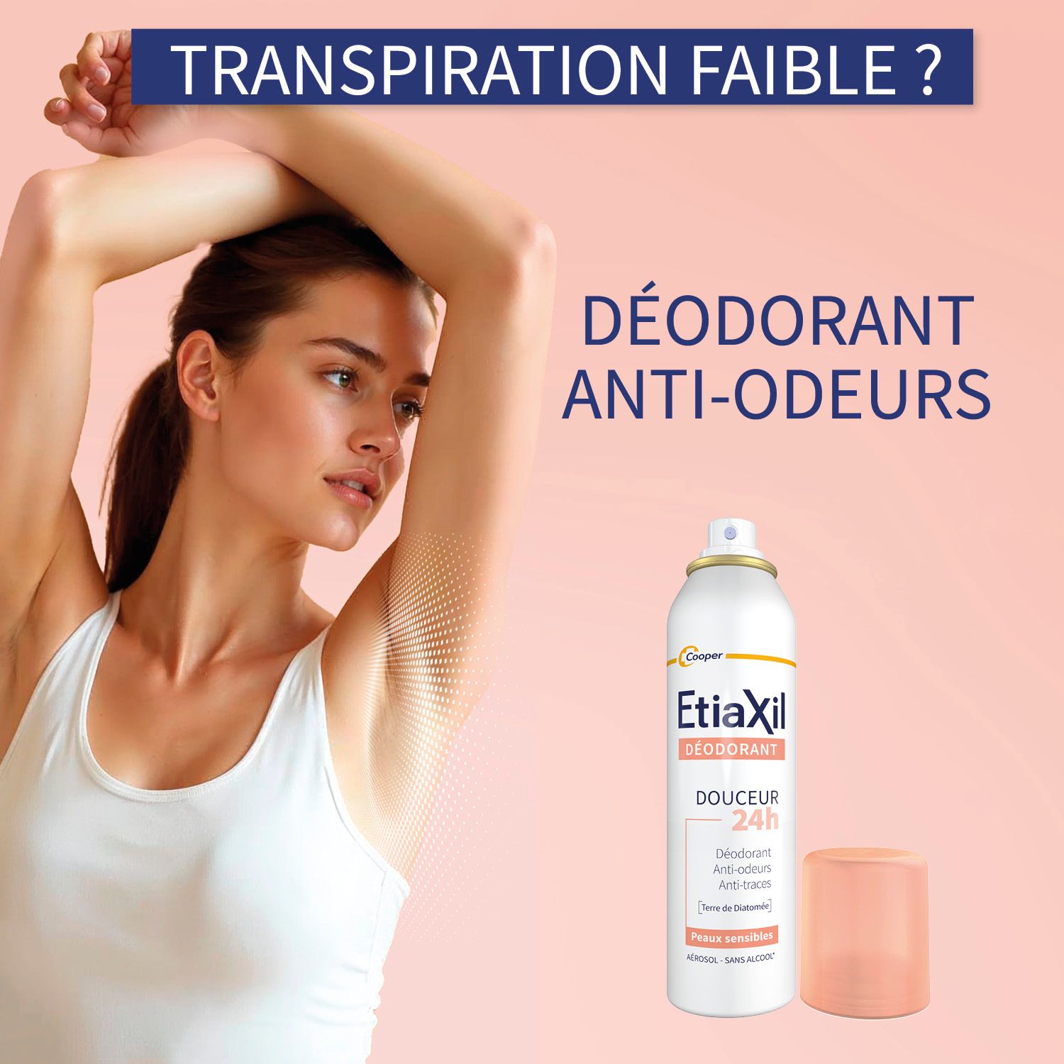 Femme avec bras levé. Déodorant EtiaXil. Anti-odeurs.