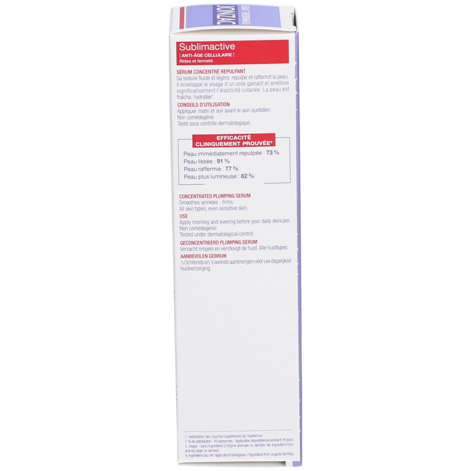 Côté de l'emballage du sérum Jonzac Sublimactive. Texte: Sublimactive, Sérum concentré repulpant, Efficacité cliniquement prouvée.