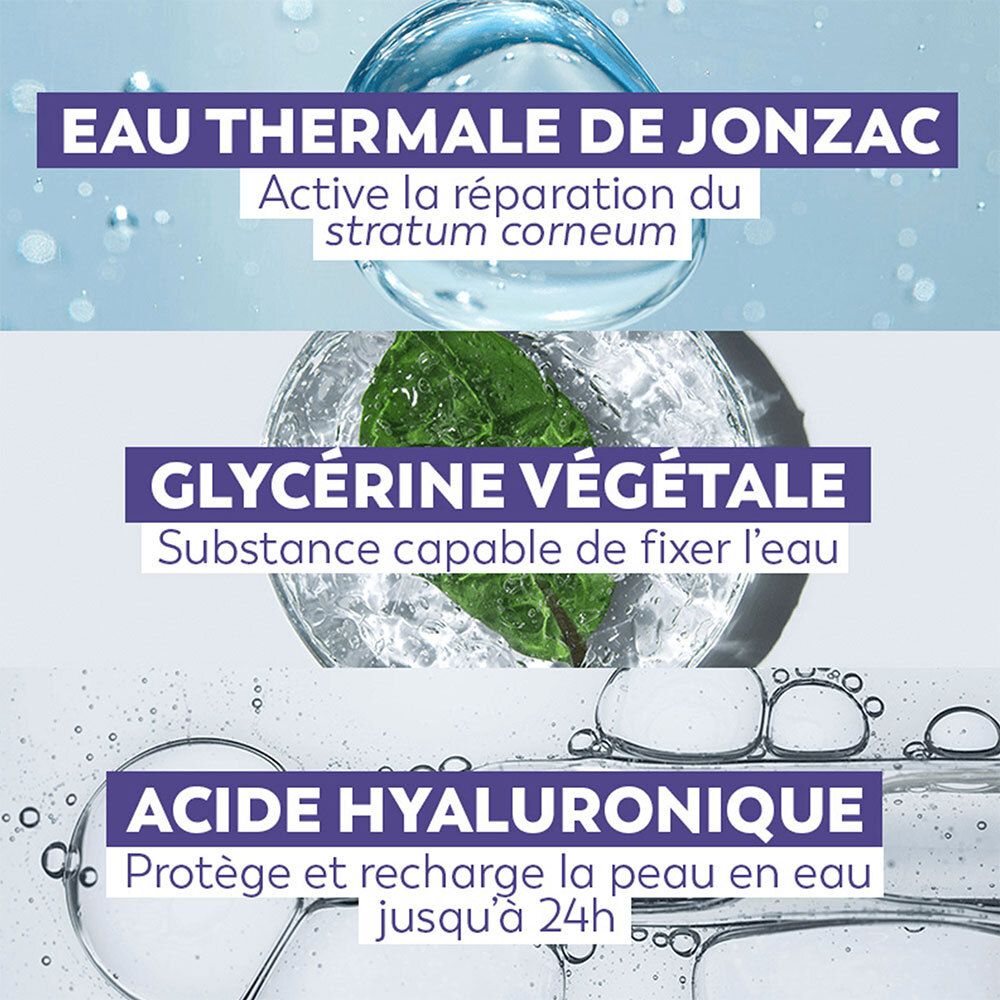 Panneaux de texte avec ingrédients: Eau Thermale de Jonzac, Glycérine, Acide Hyaluronique. Graphiques d'eau et de feuilles.