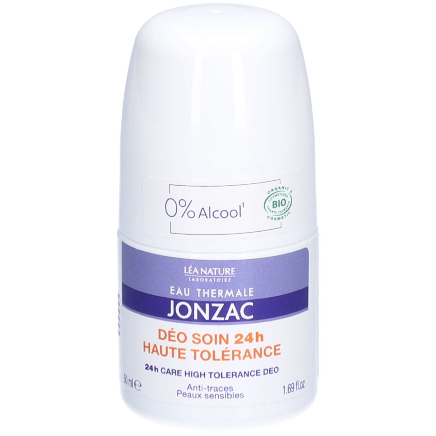 Roll-on déodorant blanc, accents violets. Inscription: JONZAC, 0% Alcool, certification bio. Pour peaux sensibles.