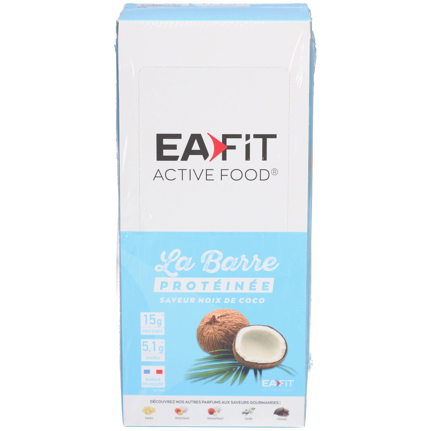 Verpackung mit Proteinriegeln. Aufschrift: EA-Fit Active Food, La Barre Protéinée, Kokosnuss-Geschmack. Kokosnuss-Illustration.