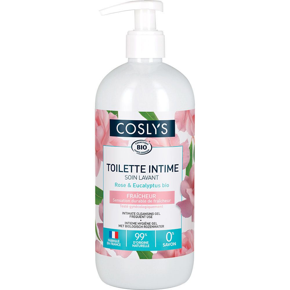 Weißer Spender mit Aufschrift. Rosa Blütenmuster. "Coslys" und "Toilette Intime" sichtbar. Bio-Zertifizierung.