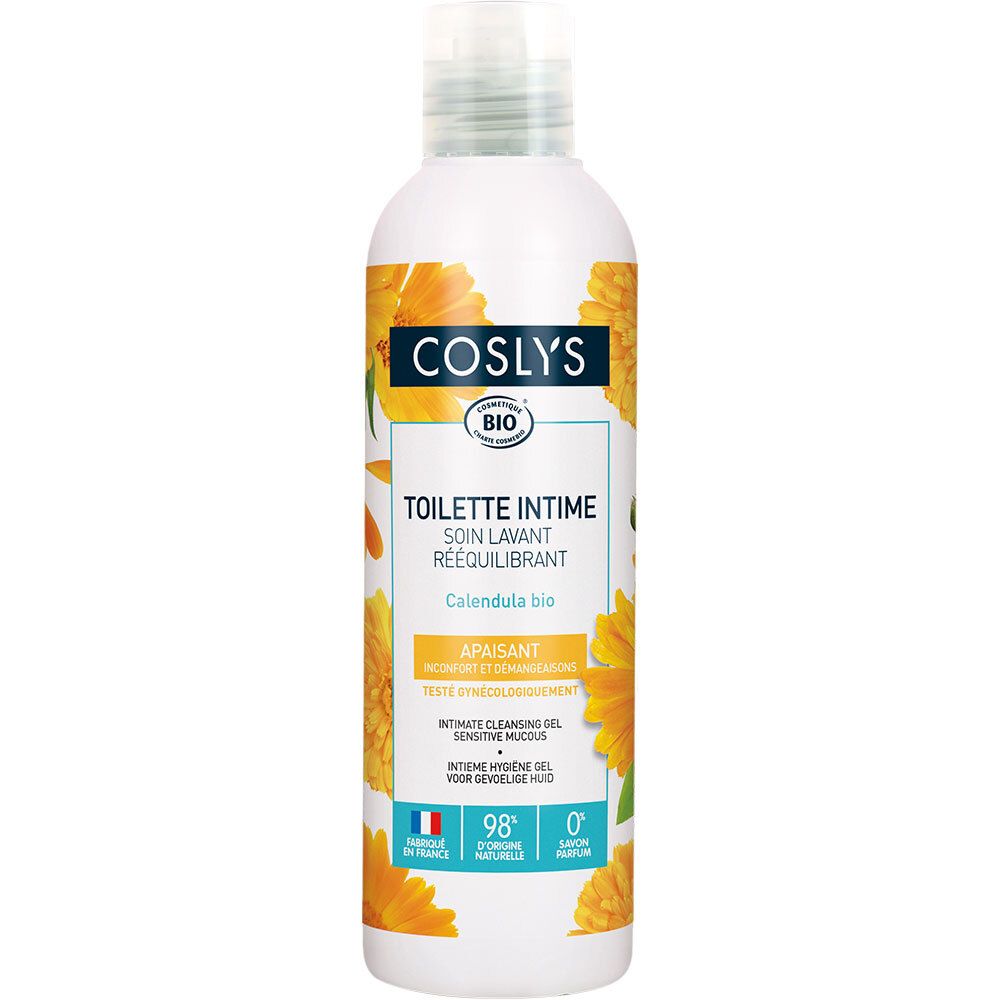 Weiße Flasche mit gelbem Etikett. Aufschrift: Coslys, Toilette Intime, Calendula bio. Französische Flagge, 98% natürlich.