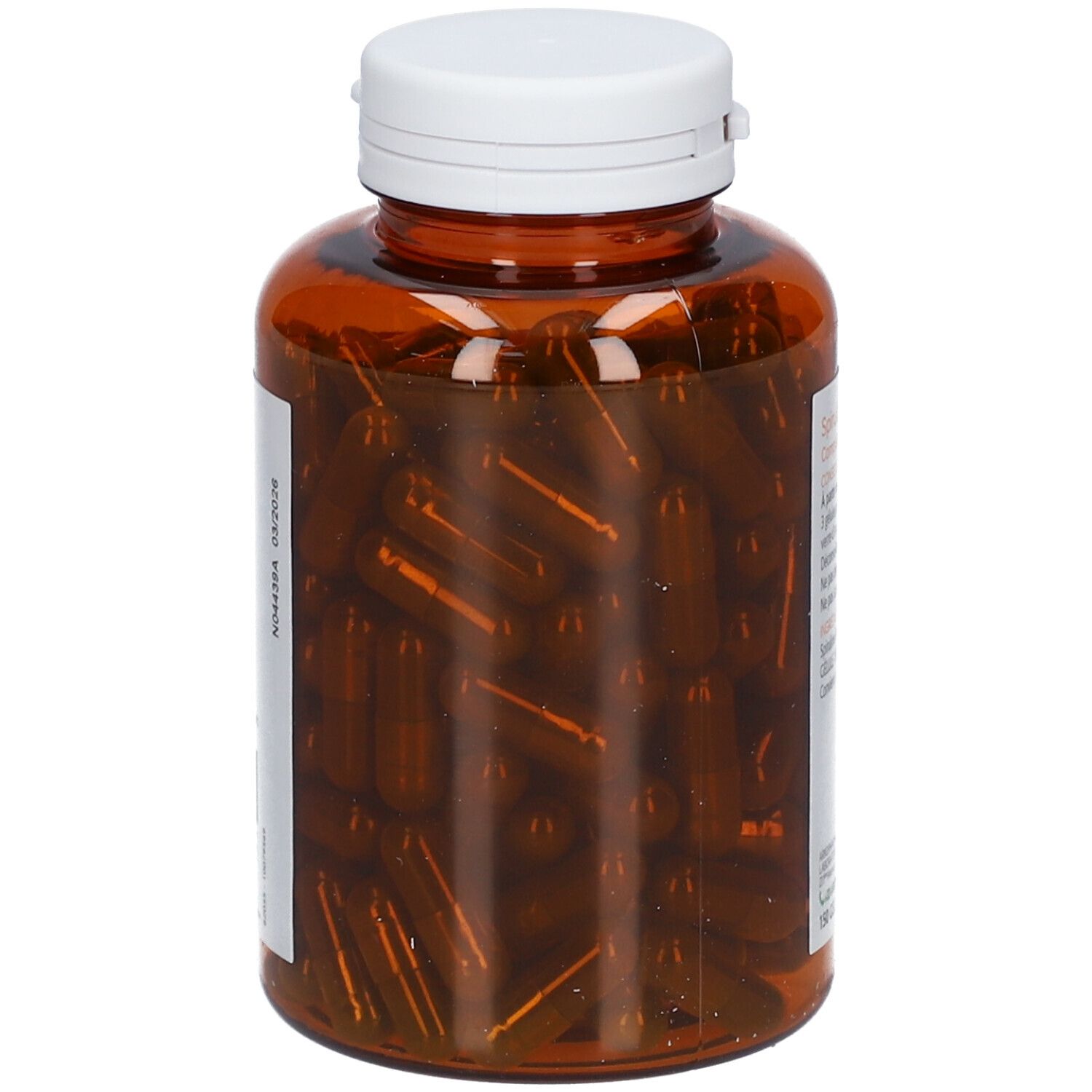 Flacon marron avec bouchon blanc. Contient des gélules. Étiquette avec informations produit.