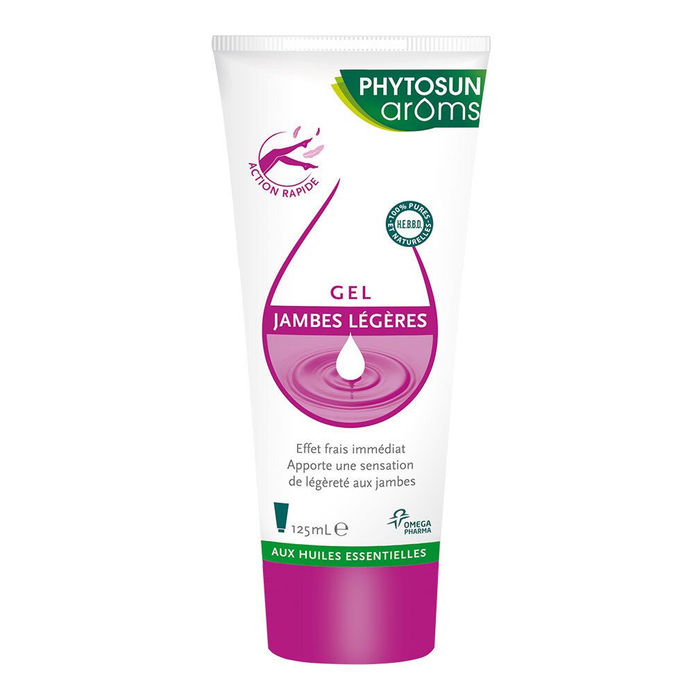 Weiß-pinkfarbene Tube. Aufschrift: PHYTOSUN aroms, Gel Jambes Légères. Logo: 100% reine, natürliche Öle. 125ml.