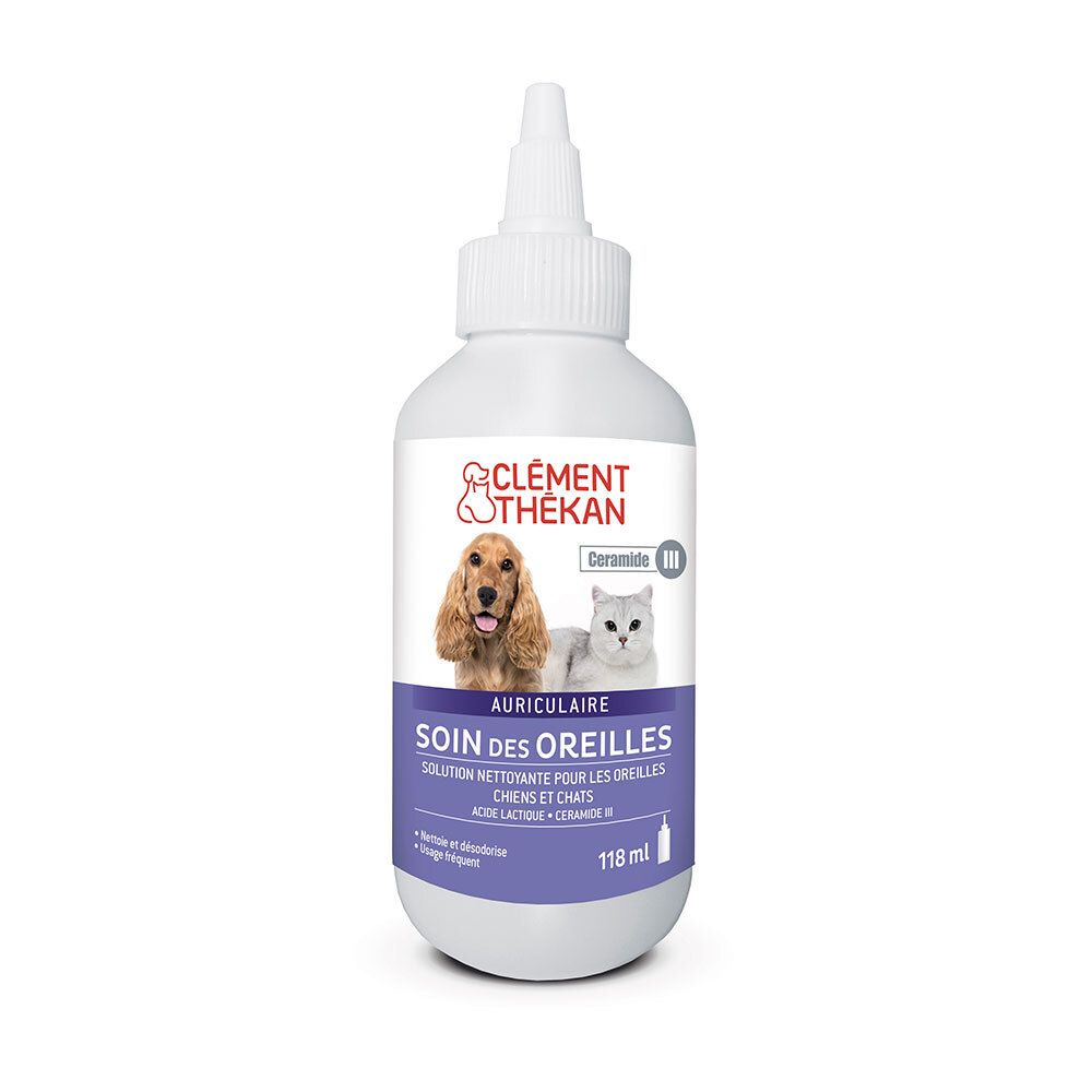 Flacon blanc de soin auriculaire pour chiens et chats. Nom du produit et marque visibles.