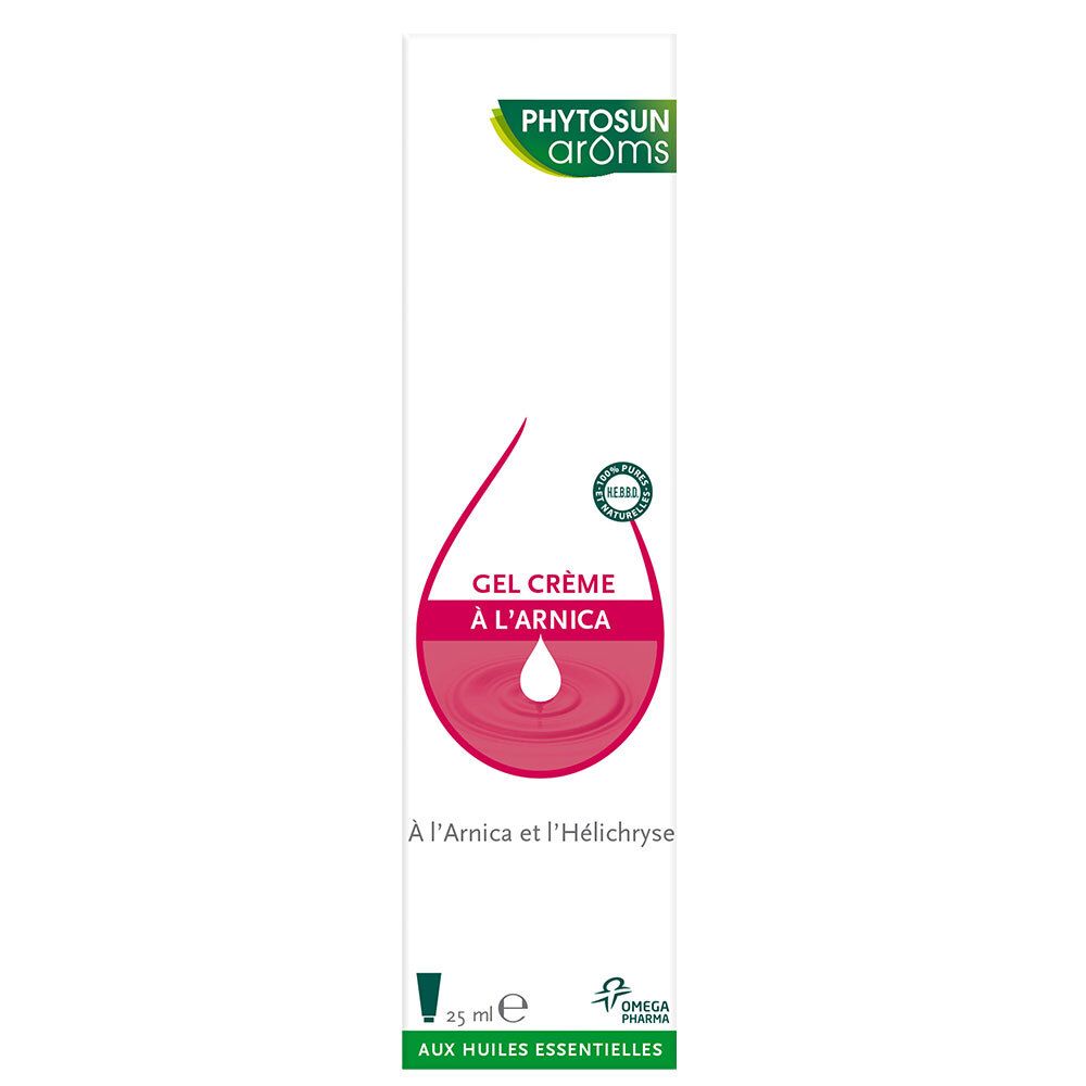 Tube de Gel Crème à l'Arnica PHYTOSUN arôms. 25 ml. Ingrédients et logo visibles.