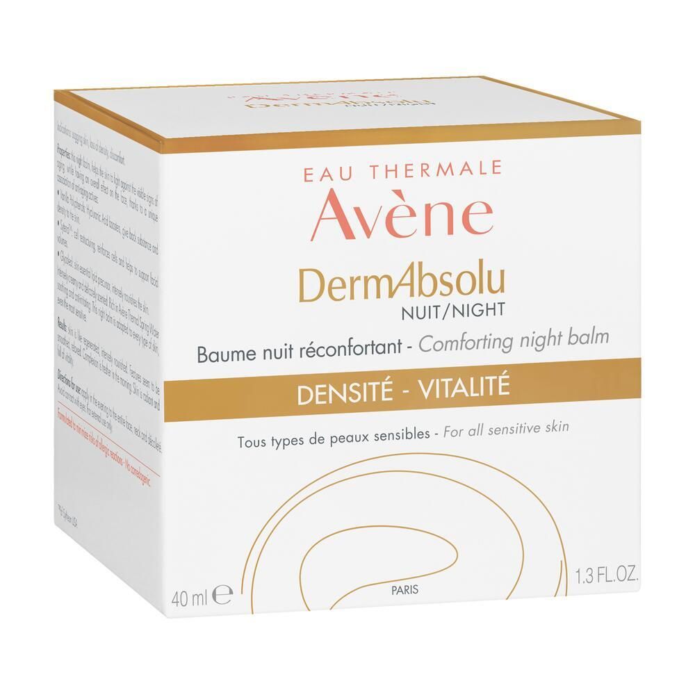 Verpackung von Avene DermAbsolu Nachtbalsam. Weißer Karton mit Text in Französisch und Englisch. 40 ml, 1.3 FL.OZ.