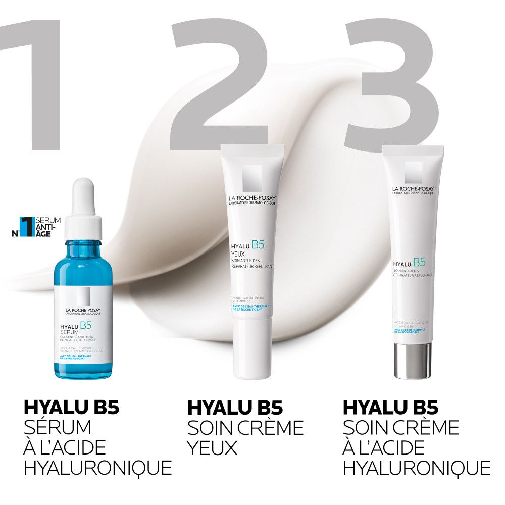 Drei Produkte: Hyalu B5 Serum, Hyalu B5 Creme Yeux, Hyalu B5 Creme Yeux. Marke: La Roche-Posay.