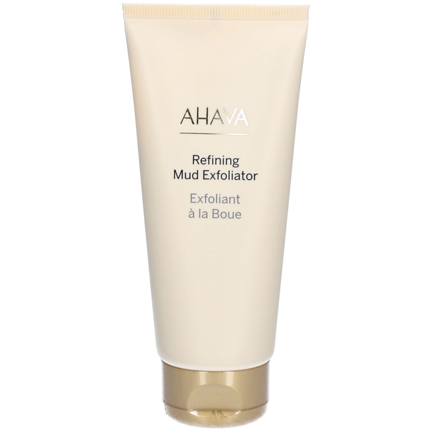 Beige Tube mit goldfarbenem Verschluss. AHAVA-Logo und Produktbezeichnung 'Refining Mud Exfoliator' in Schwarz.