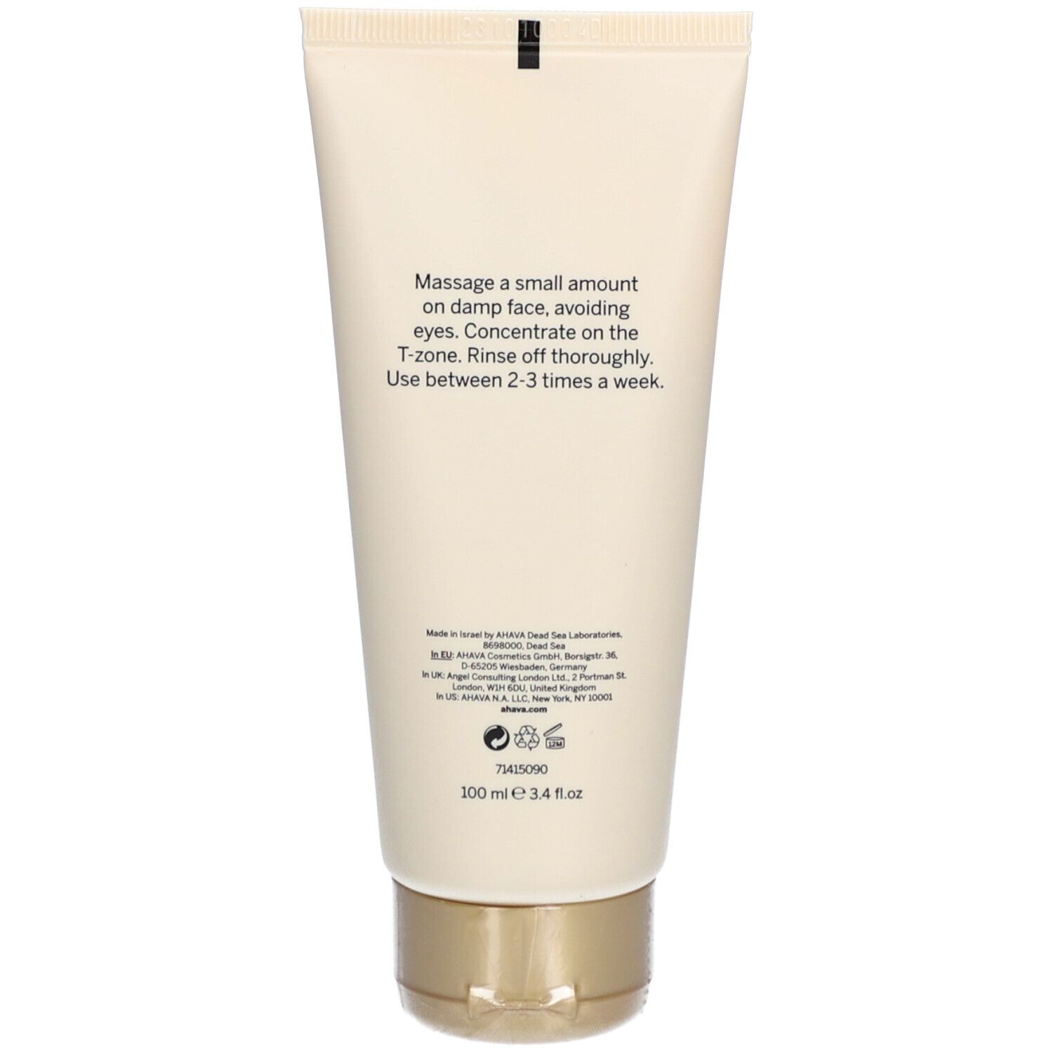 Rückseite der Tube. Text mit Anwendungshinweisen und Herstellerinformationen. 100 ml, 3.4 fl.oz.