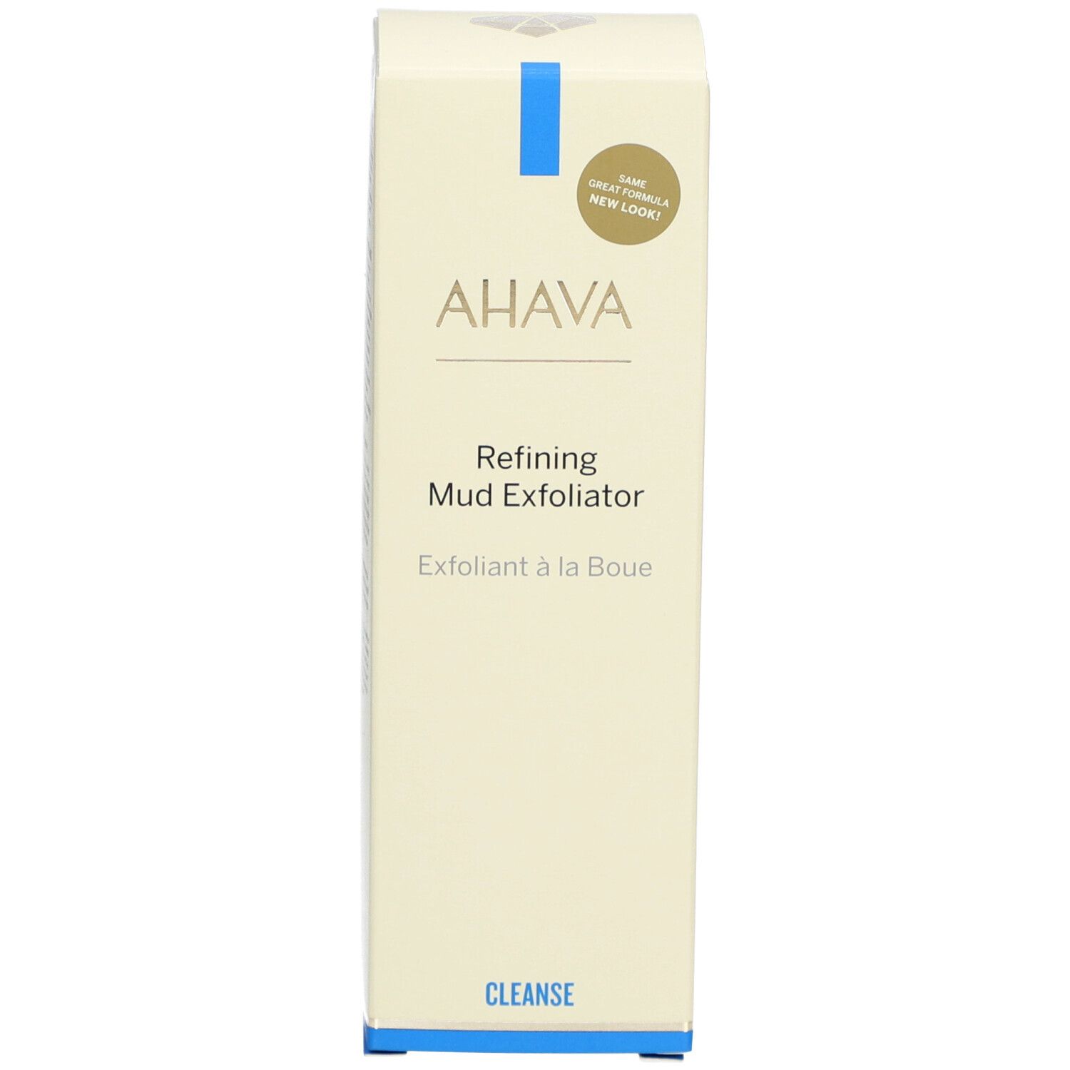 Hohe, rechteckige Produktverpackung. AHAVA-Logo, Produktname und 'CLEANSE' auf cremefarbenem Hintergrund.