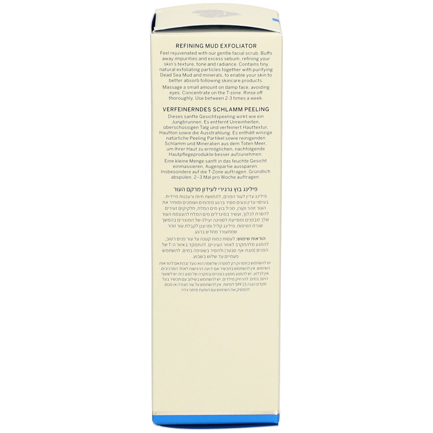 Rückseite der Produktverpackung. Text in mehreren Sprachen, darunter Deutsch. Informationen zum Produkt.
