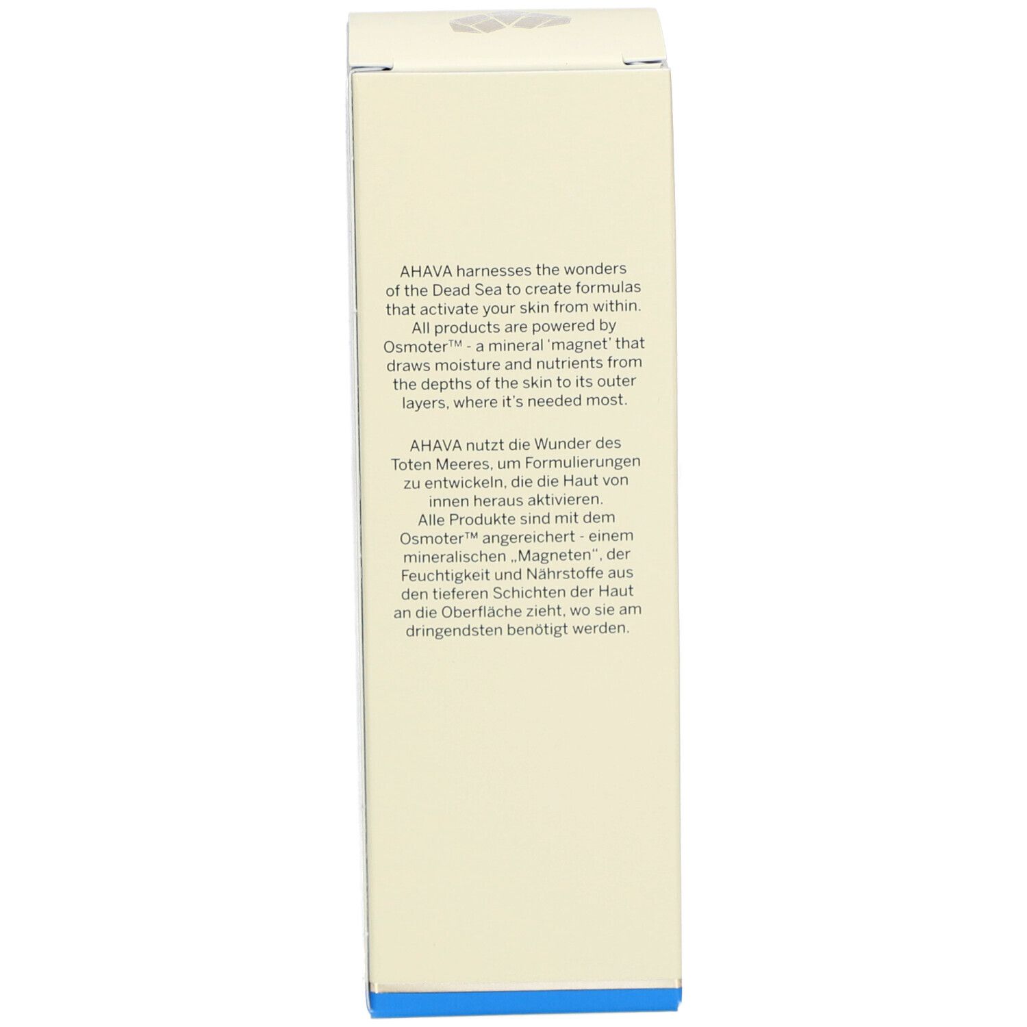 Seite der Produktverpackung. Text über die Marke AHAVA und die Inhaltsstoffe des Produkts.
