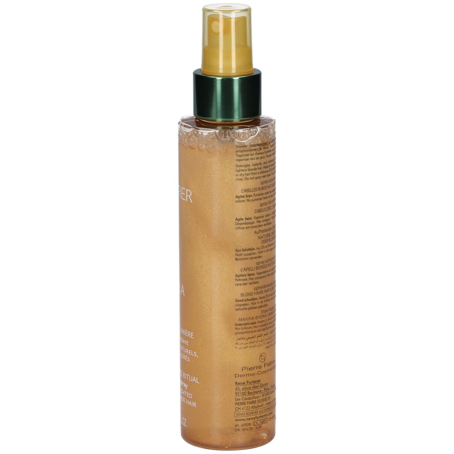 Rückseite der goldfarbenen Sprühflasche. Beschriftung und Text in mehreren Sprachen.