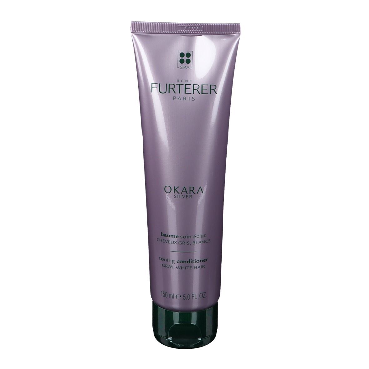 Violette Tube mit grünem Verschluss. Aufschrift: René Furterer, Okara Silver, Toning Conditioner, 150 ml.