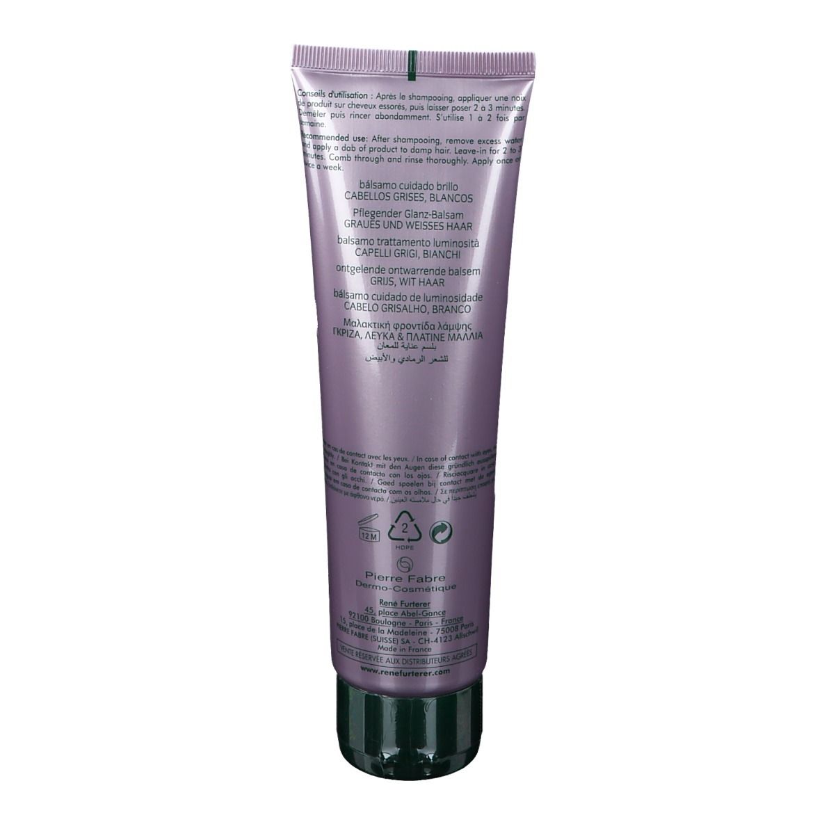 Rückseite einer violetten Tube. Text in mehreren Sprachen. Herstellerinformationen und Recycling-Symbole.