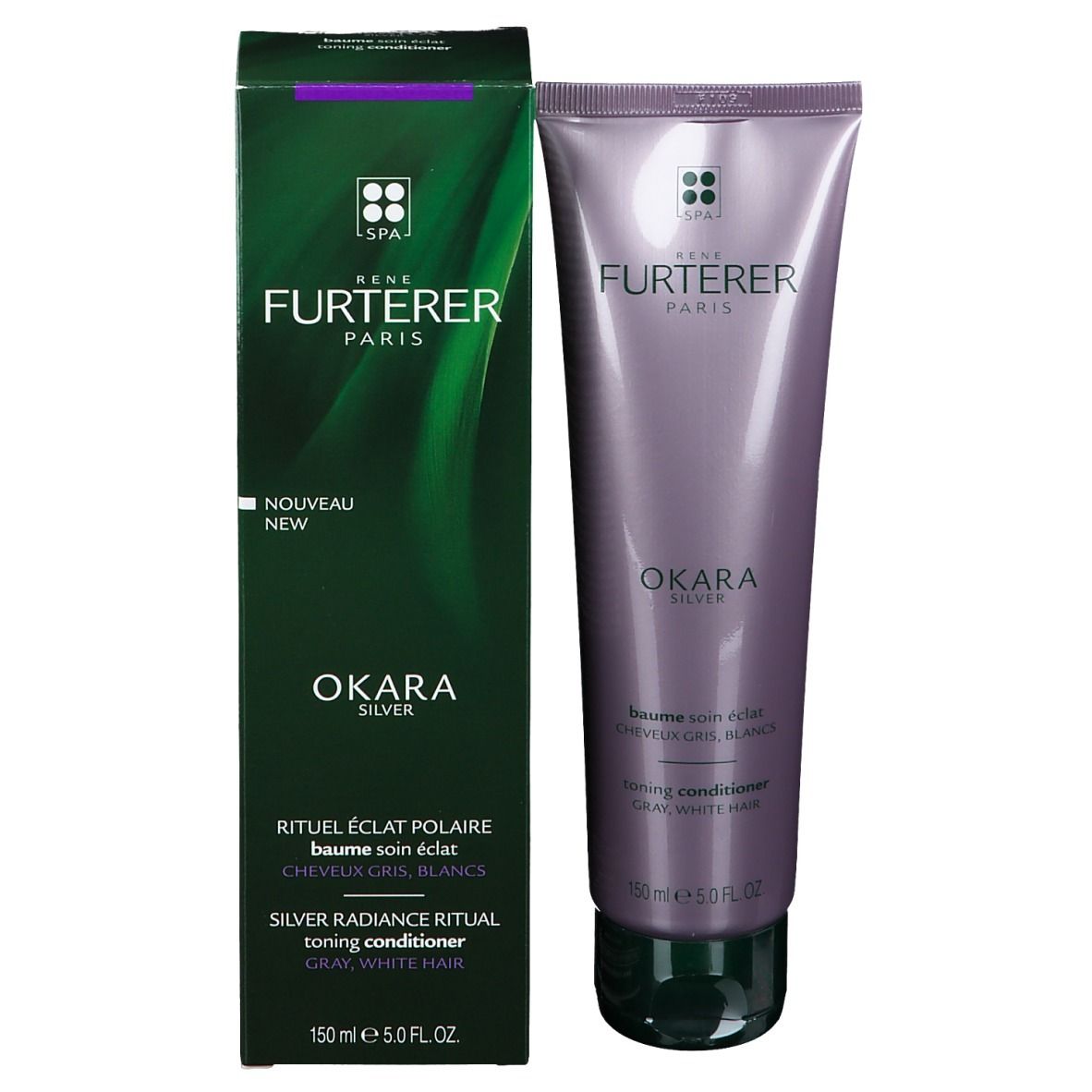 Produktverpackung: Tube und Schachtel. Aufschrift: René Furterer, Okara Silver, Toning Conditioner, 150 ml.