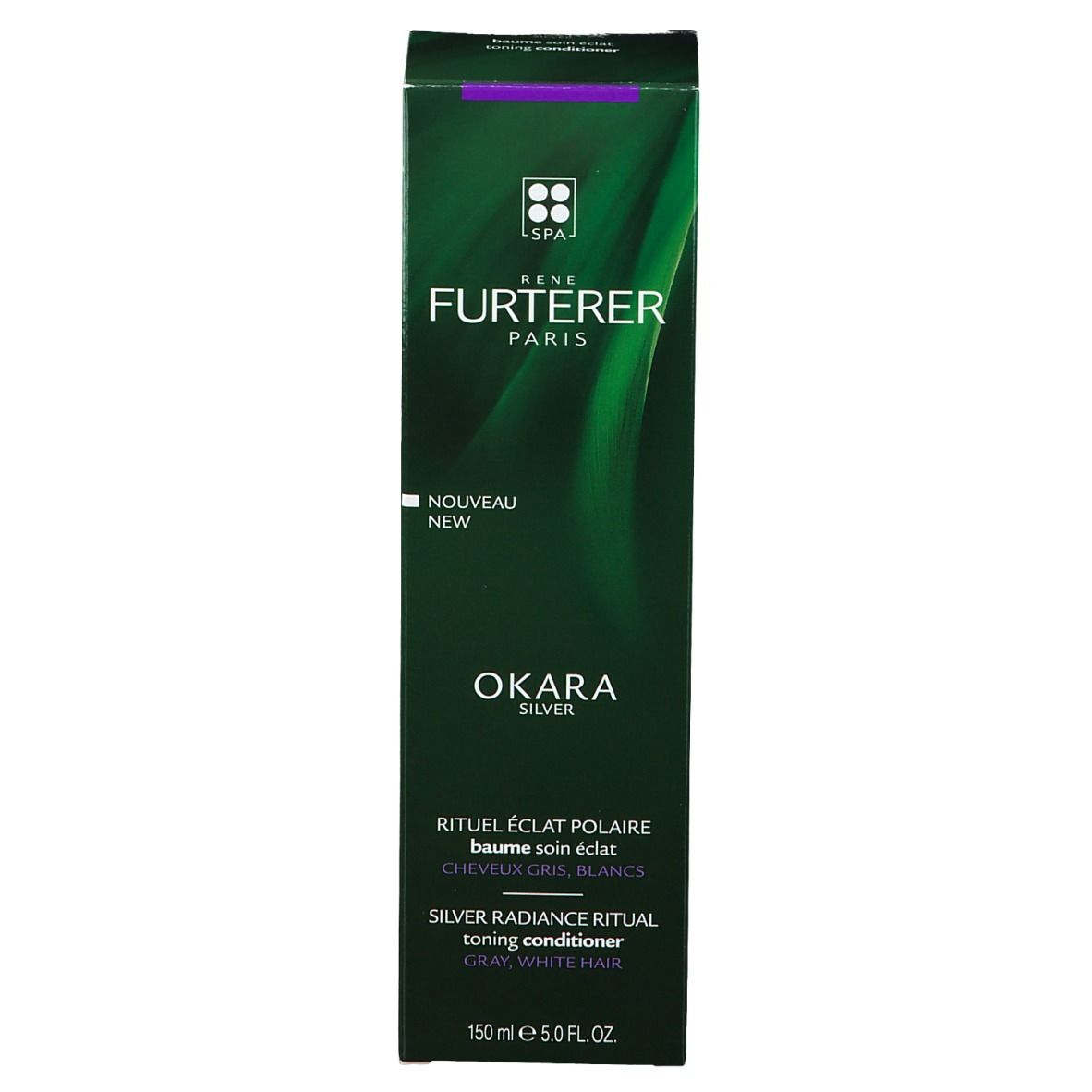 Grüne Schachtel mit Aufschrift: René Furterer, Okara Silver, Toning Conditioner, 150 ml.
