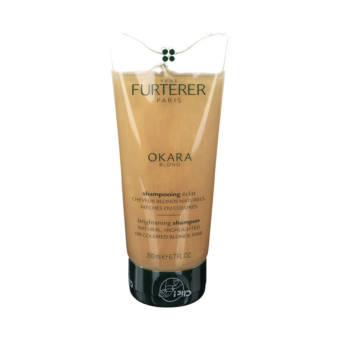 Rene Furterer Okara Blond Shampoo-Tube. Goldfarbene Tube mit schwarzem Verschluss. Text: Okara Blond, brightening shampoo.