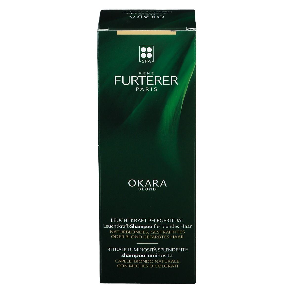 Grüne Verpackung für Rene Furterer Okara Blond Shampoo. Text: Okara Blond, Leuchtkraft-Pflegeritual, shampoo.