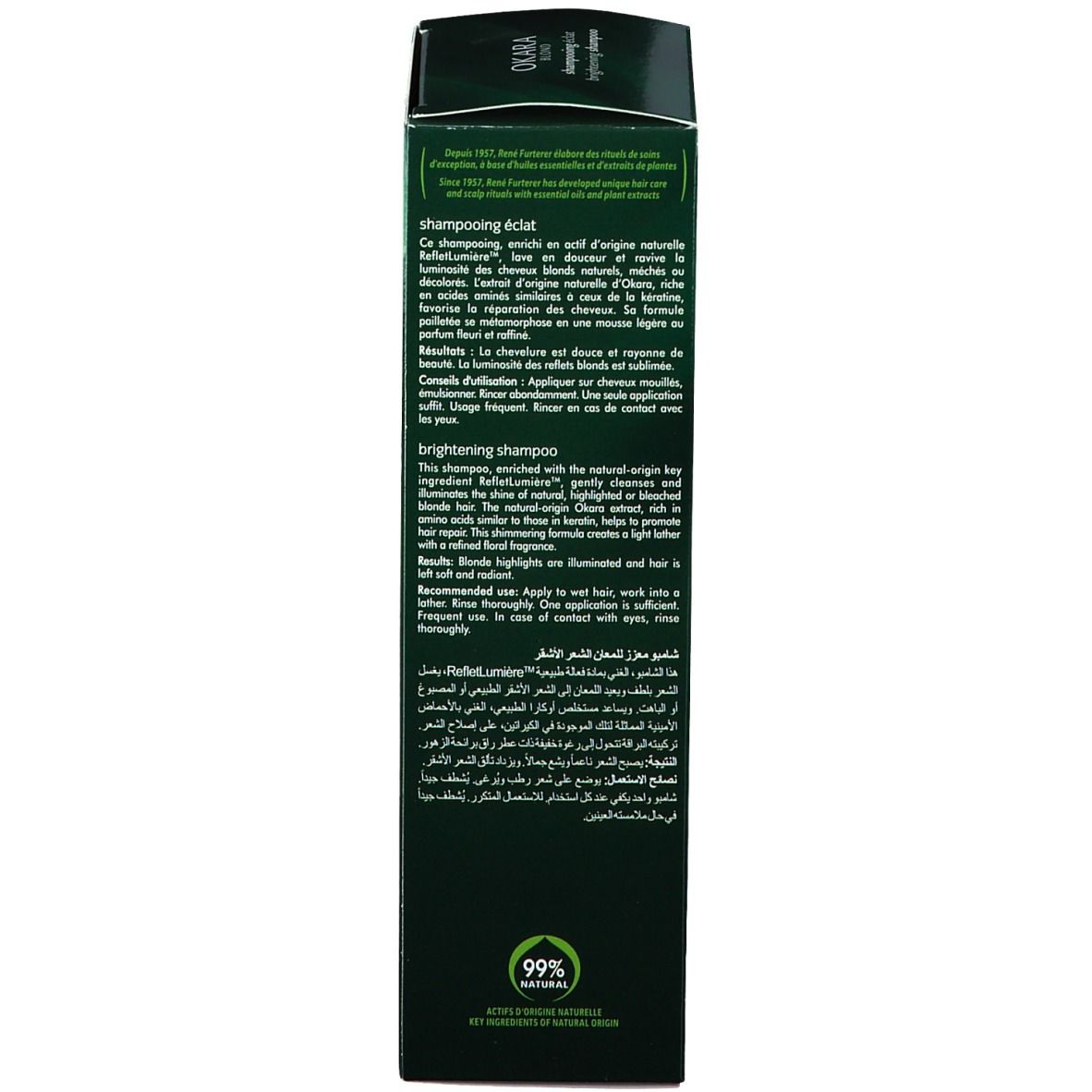 Rückseite der Verpackung. Text: brightening shampoo. 99% natural.