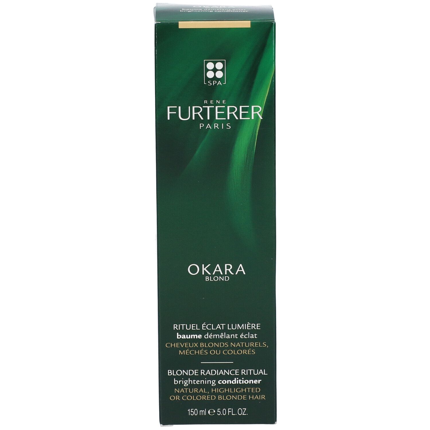 Emballage vert. Inscription: Rene Furterer Paris, Okara Blond, Blonde Radiance Ritual, brightening conditioner, 150 ml.