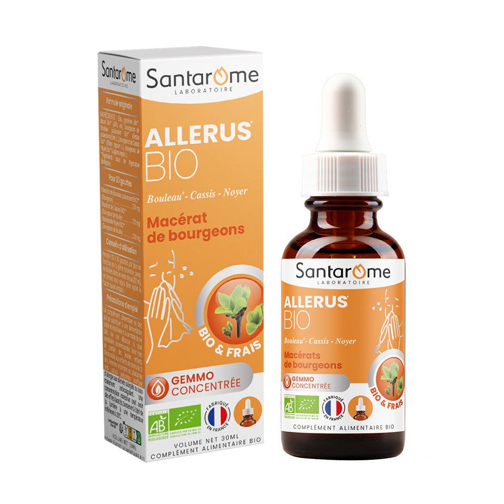 Santarome Bio Allerus Bio Knospen-Mazerate. Flasche und Verpackung. Orangefarbene Verpackung mit Produktnamen und Logo.