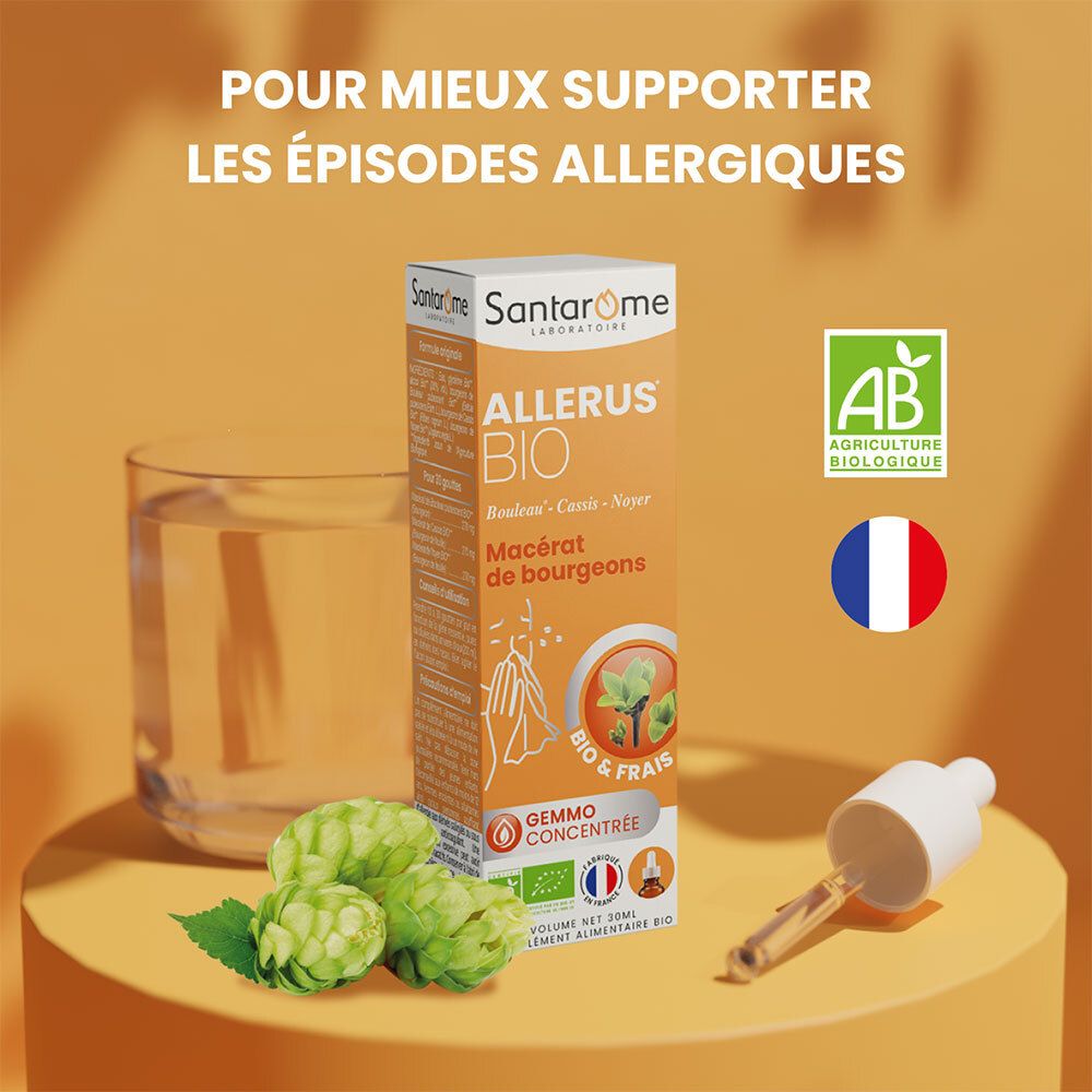 Santarome Bio Allerus Bio Knospen-Mazerate. Flasche, Glas Wasser, Knospen. Produkt auf gelbem Hintergrund.