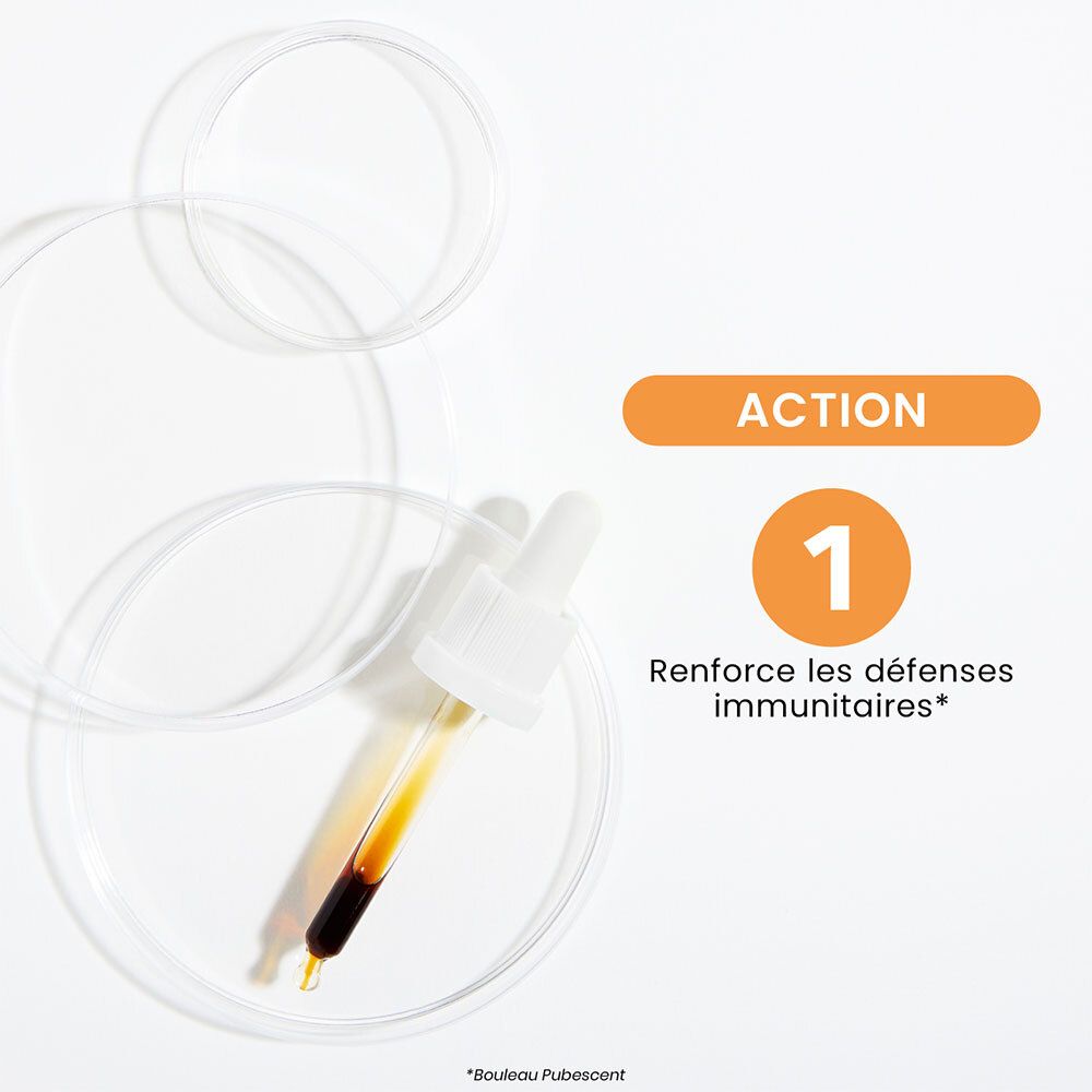 Pipette mit Flüssigkeit in Petrischale. Text: Action 1. Renforce les défenses immunitaires.