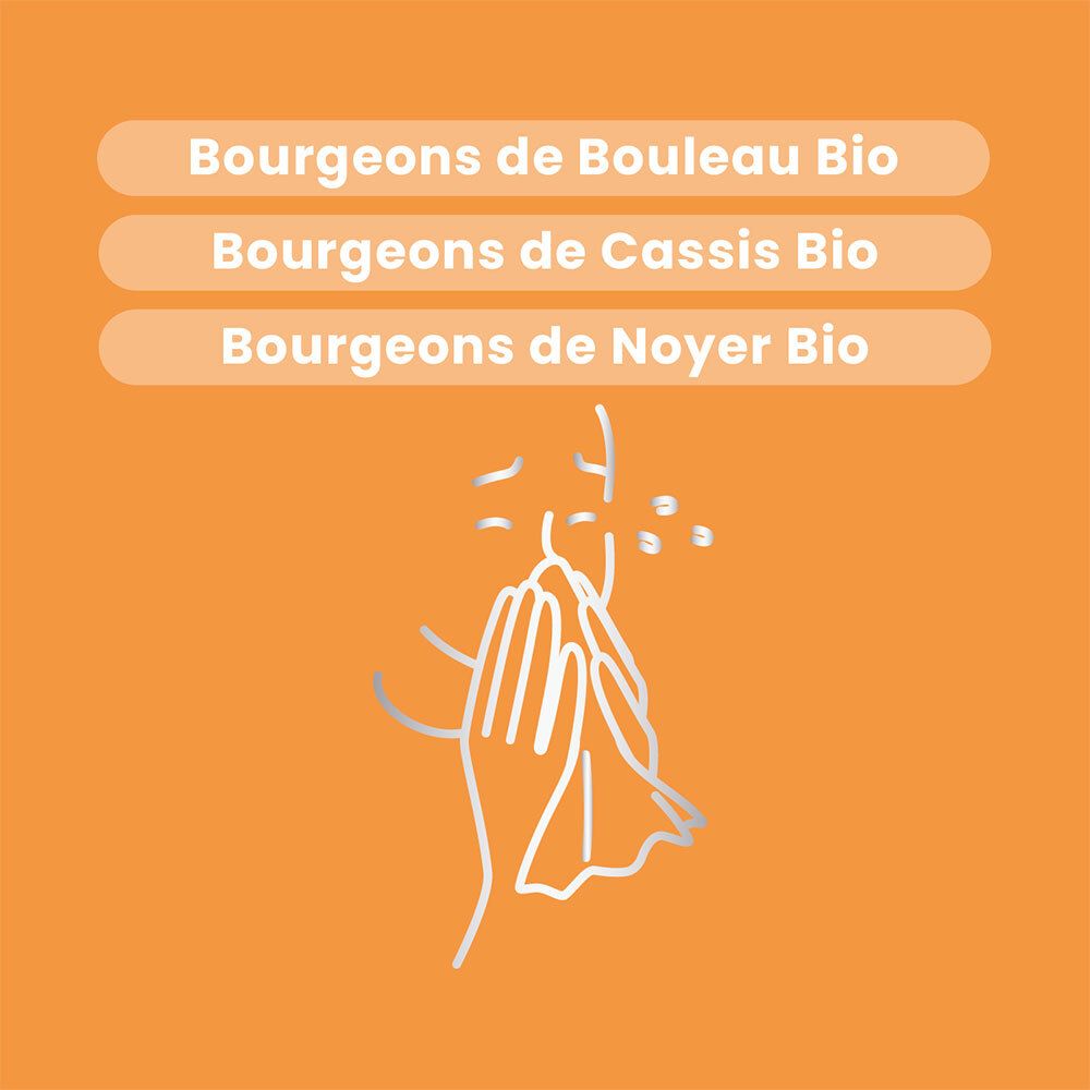Illustration einer Person, die sich die Nase putzt. Text: Bourgeons de Bouleau Bio, Cassis Bio, Noyer Bio.