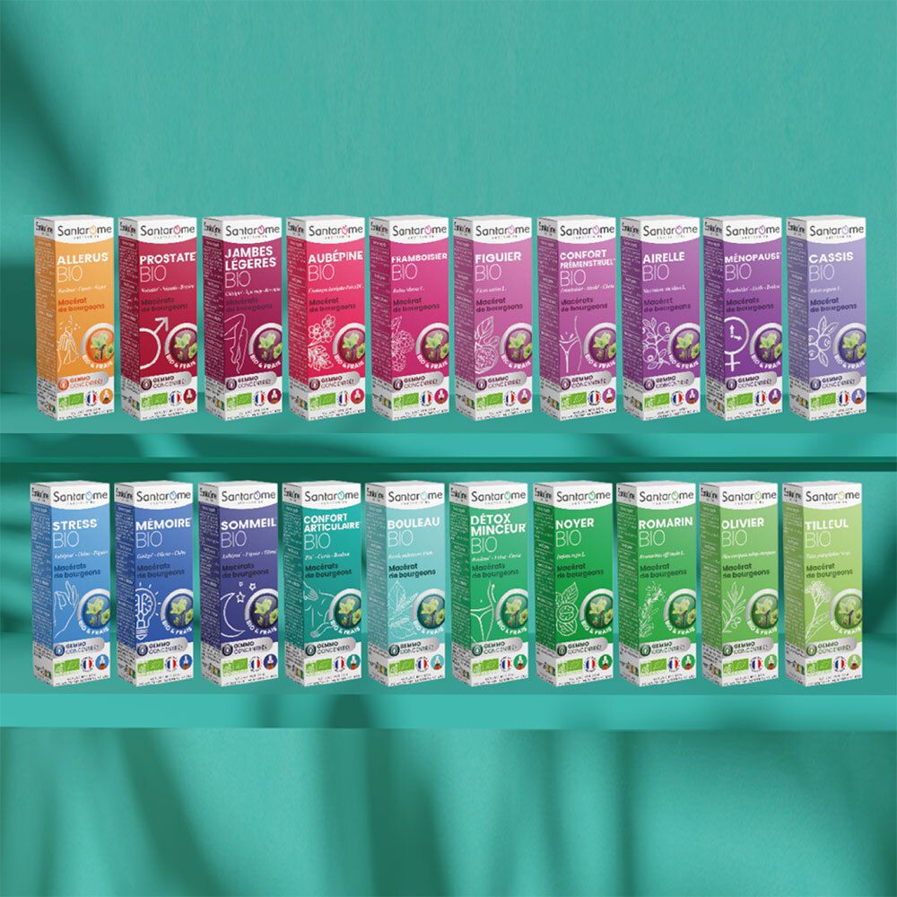 Regal mit verschiedenen Santarome Bio Produkten. Verschiedene Produktnamen auf den Verpackungen.