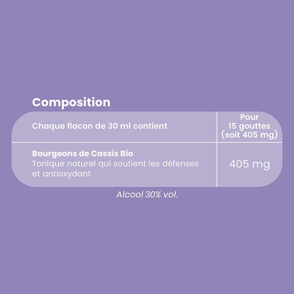 Text auf lila Hintergrund. Text: Bourgeons de Cassis Bio. 405 mg. Alcool 30% vol.