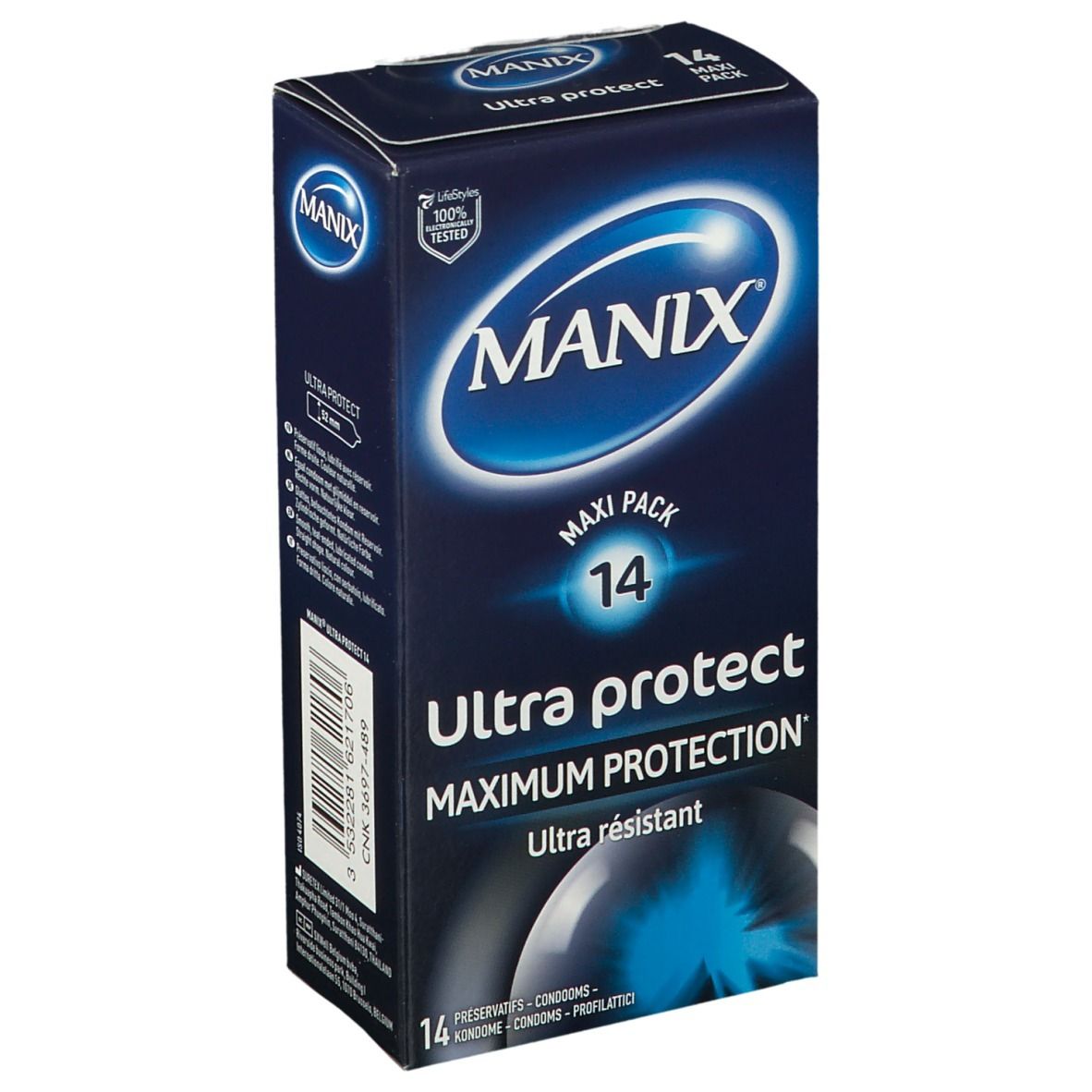 Schachtel mit Kondomen. Marke MANIX, 'Ultra protect', Maxi Pack 14. Blaue Verpackung mit Produktinformationen.