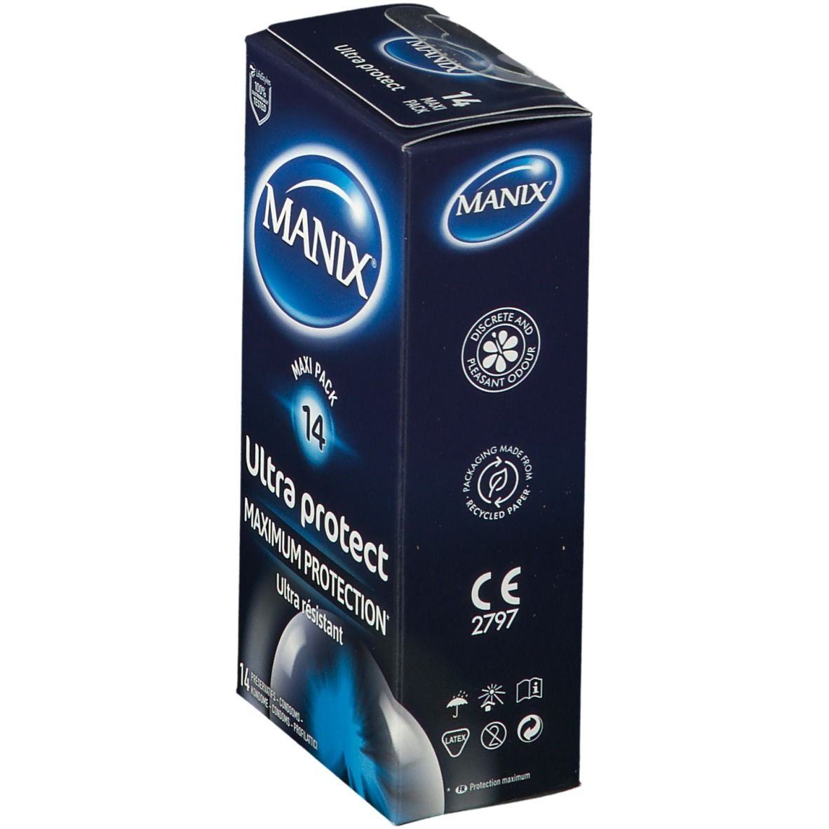 Verpackung von MANIX Ultra protect Kondomen. Blaue Schachtel mit Logo, 'Maxi Pack 14'. CE-Kennzeichnung und Recycling-Symbol.