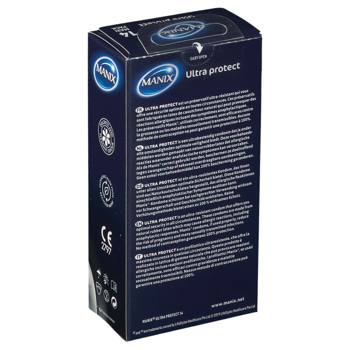 Rückseite der Verpackung von MANIX Ultra protect Kondomen. Text in mehreren Sprachen, CE-Kennzeichnung.
