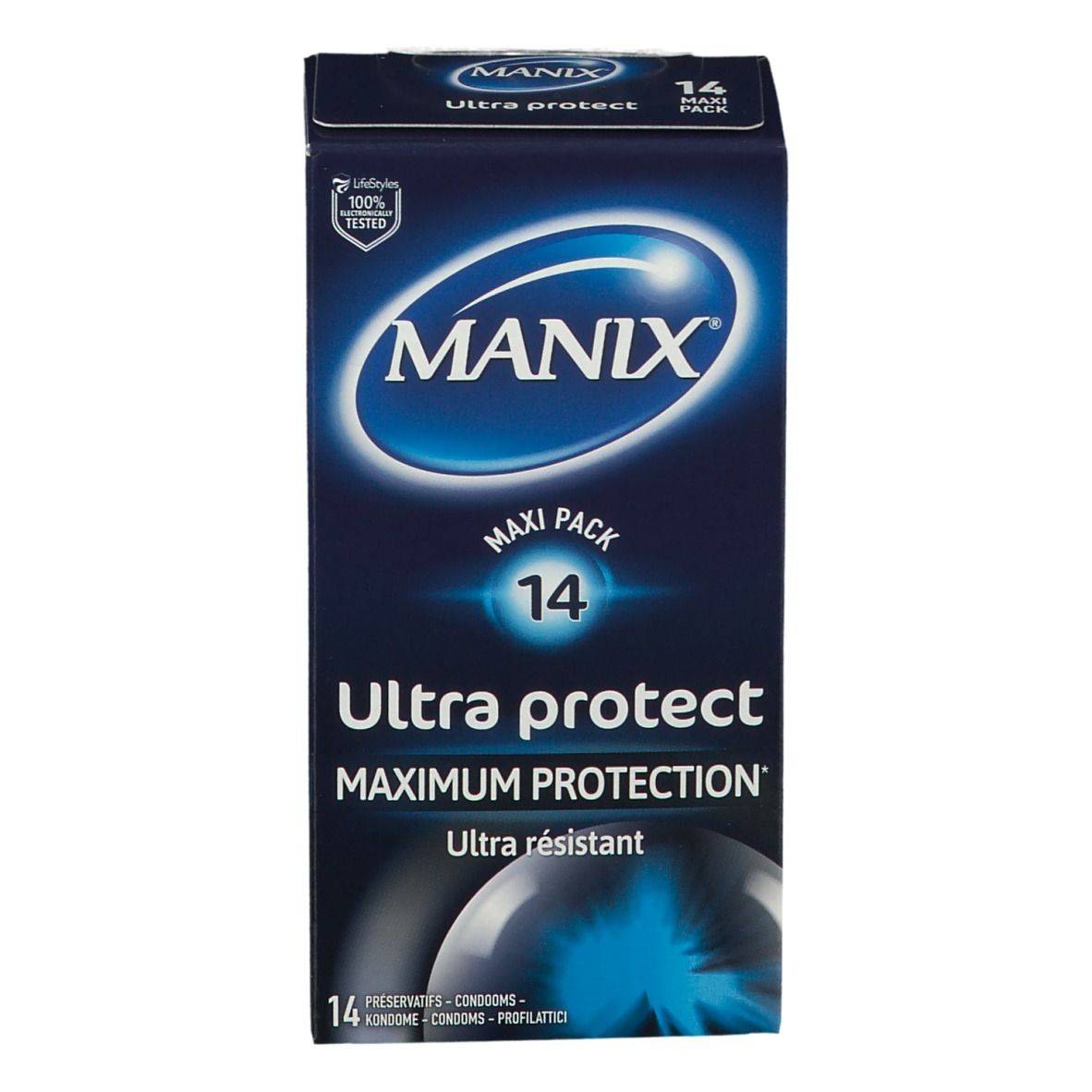Schachtel mit Kondomen. Marke MANIX, 'Ultra protect', Maxi Pack 14. Blaue Verpackung mit Produktinformationen.