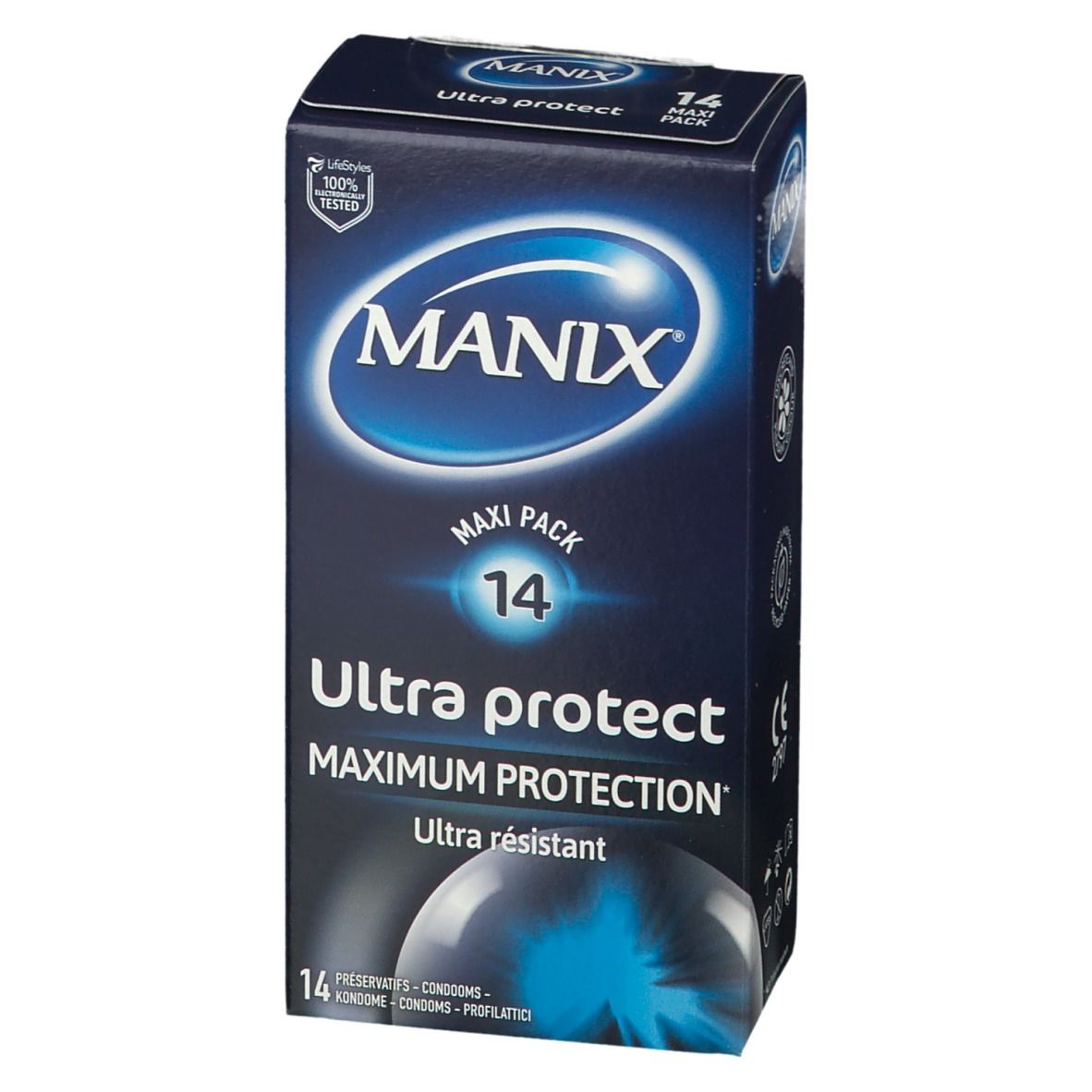 Verpackung von MANIX Ultra protect Kondomen. Blaue Schachtel mit Logo, 'Maxi Pack 14'. CE-Kennzeichnung.