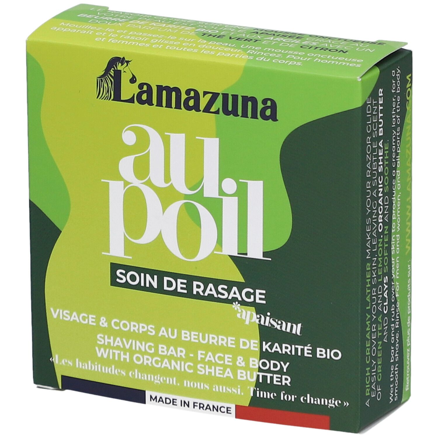 Grüne Verpackung mit Produktnamen "au poil" und Logo. Enthält Text auf Französisch: "Soin de rasage".
