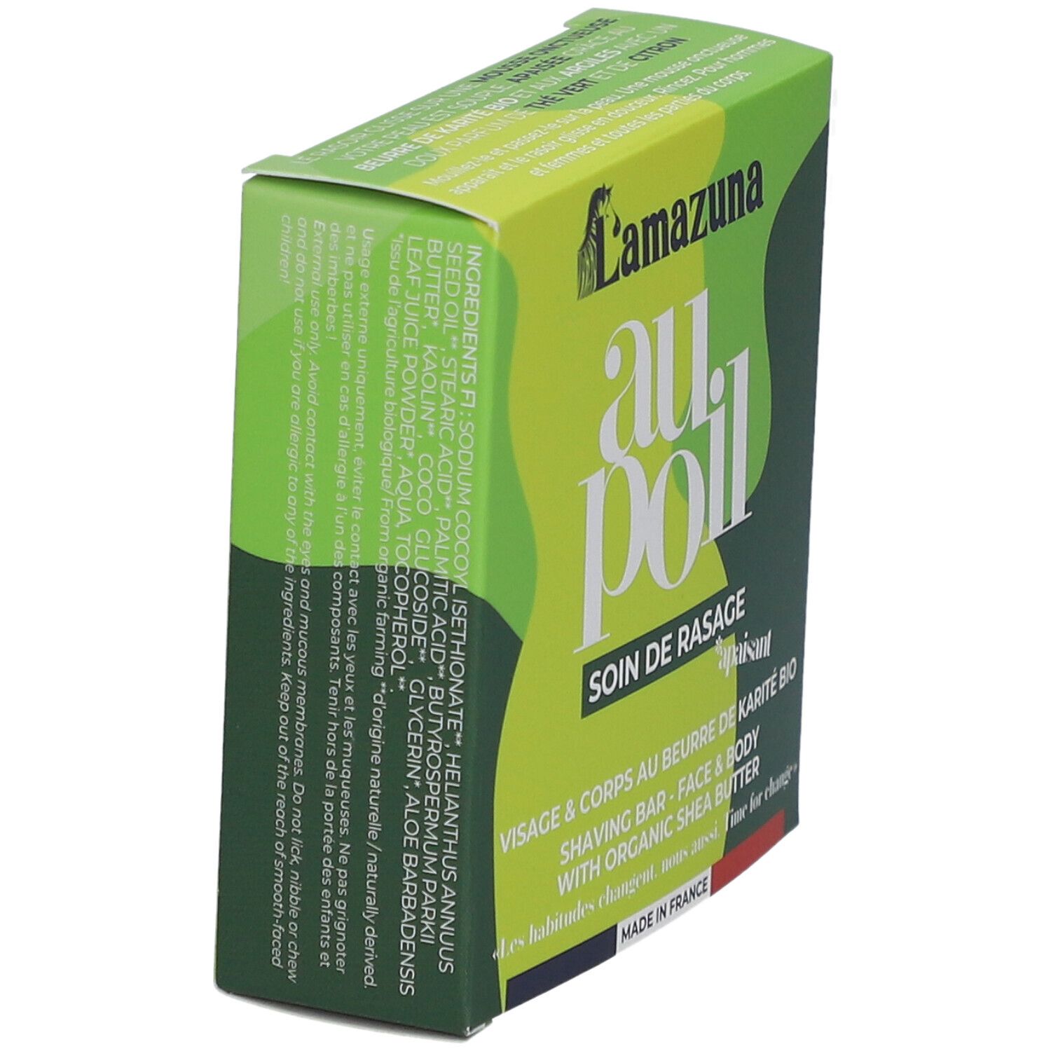 Grüne Verpackung, schräg. Produktname "au poil" und Logo sichtbar. Text: "Soin de rasage", "Visage & corps".