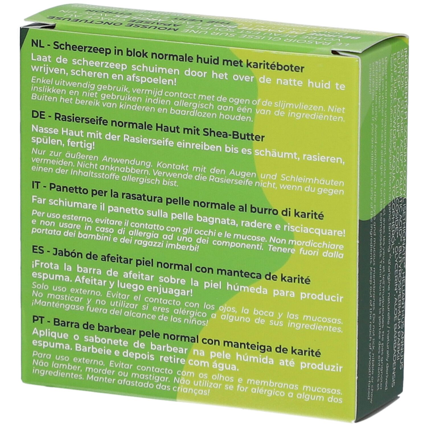 Rückseite der grünen Verpackung. Mehrsprachiger Text: Niederländisch, Deutsch, Italienisch, Spanisch, Portugiesisch.