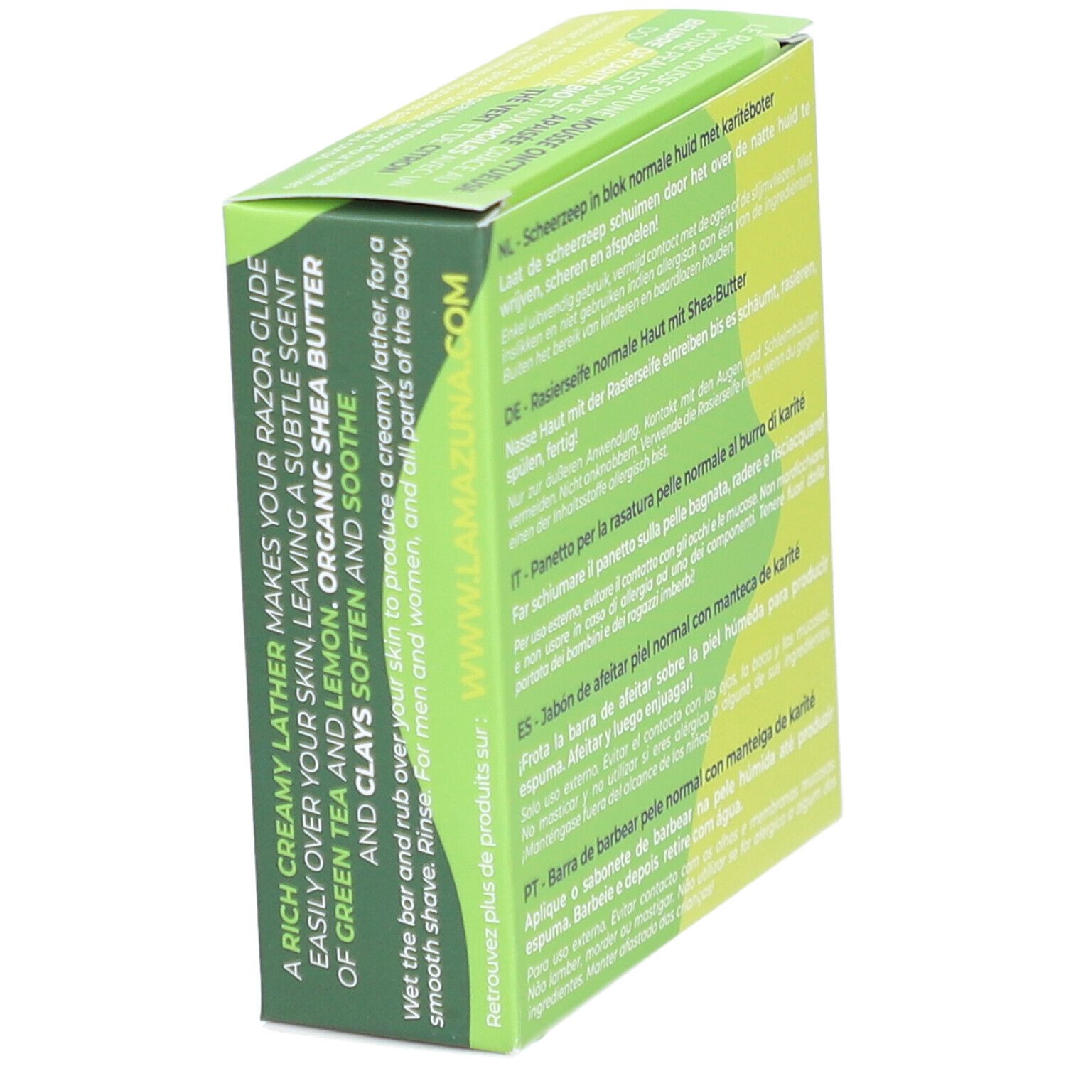 Grüne Verpackung, schräg. Text auf Englisch: "A RICH CREAMY LATHER MAKES YOUR RAZOR GLIDE..."