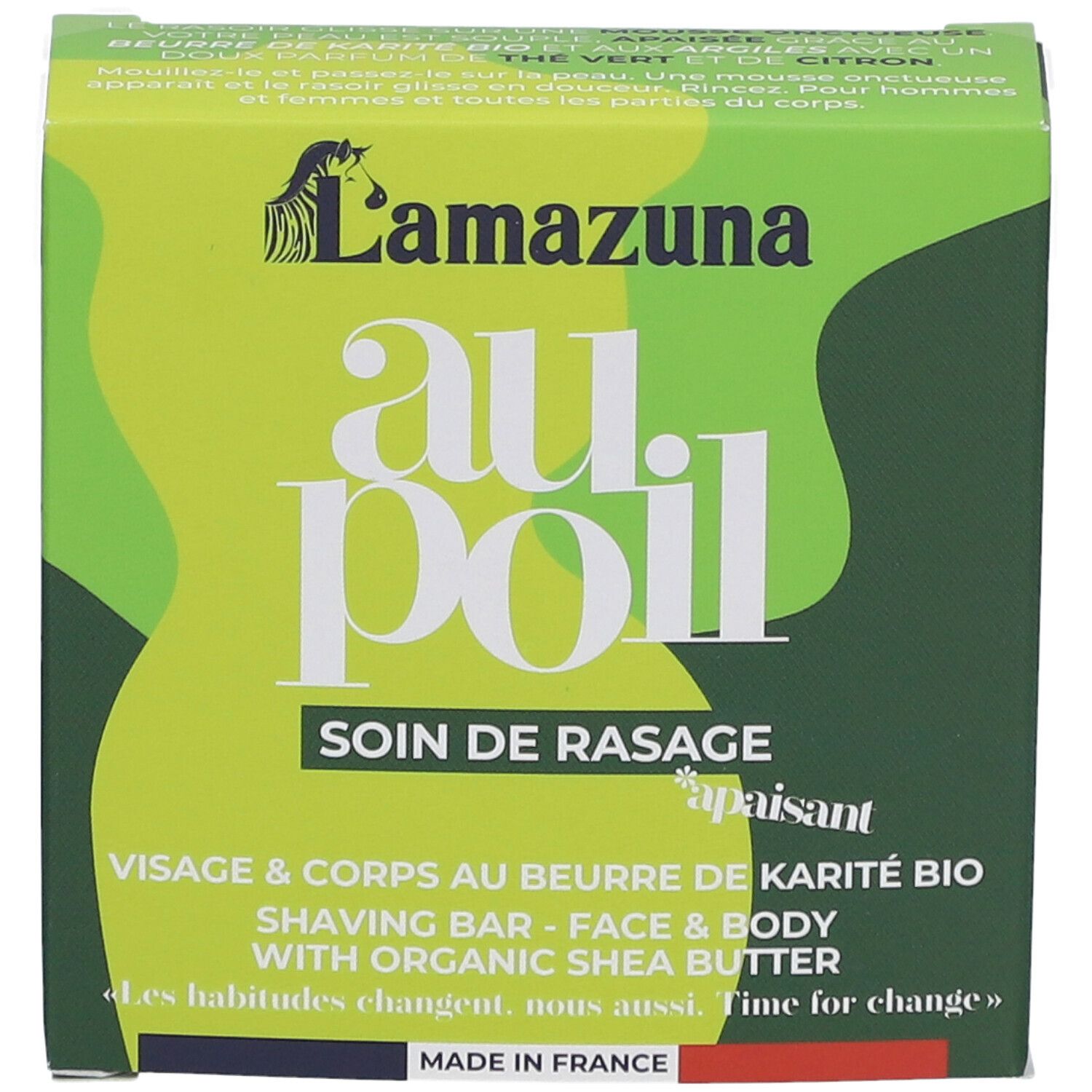 Grüne Verpackung mit Produktnamen "au poil" und Logo. Text: "Soin de rasage", "Visage & corps au beurre".