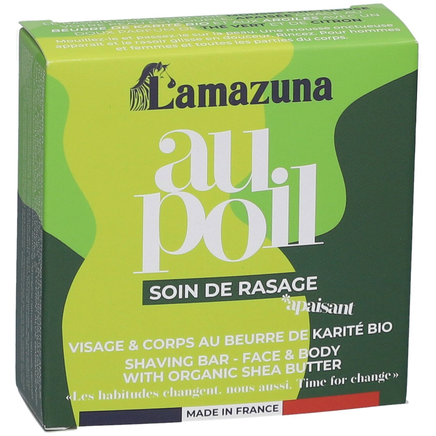 Grüne Verpackung mit Produktnamen "au poil" und Logo. Text: "Soin de rasage", "Visage & corps au beurre".