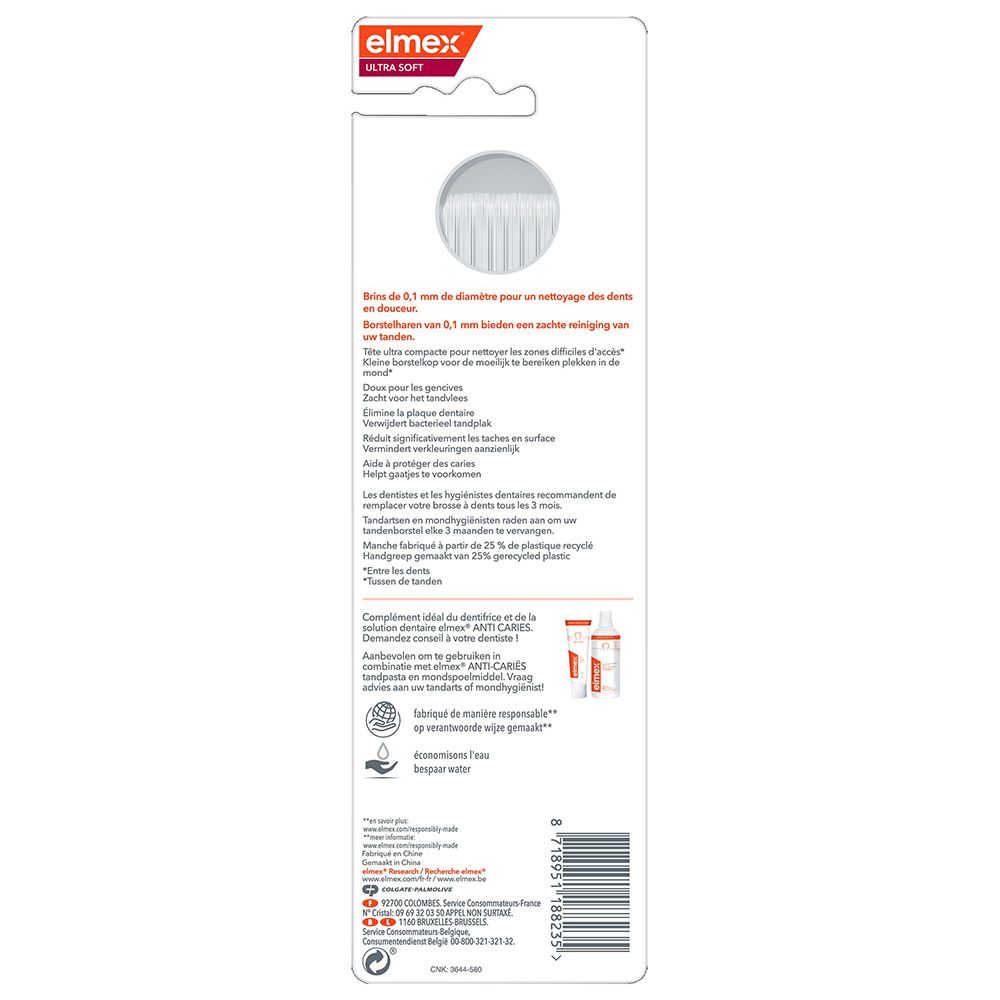 Rückseite der elmex® UltraSoft Zahnbürsten-Verpackung mit Produktinformationen und Abbildungen.
