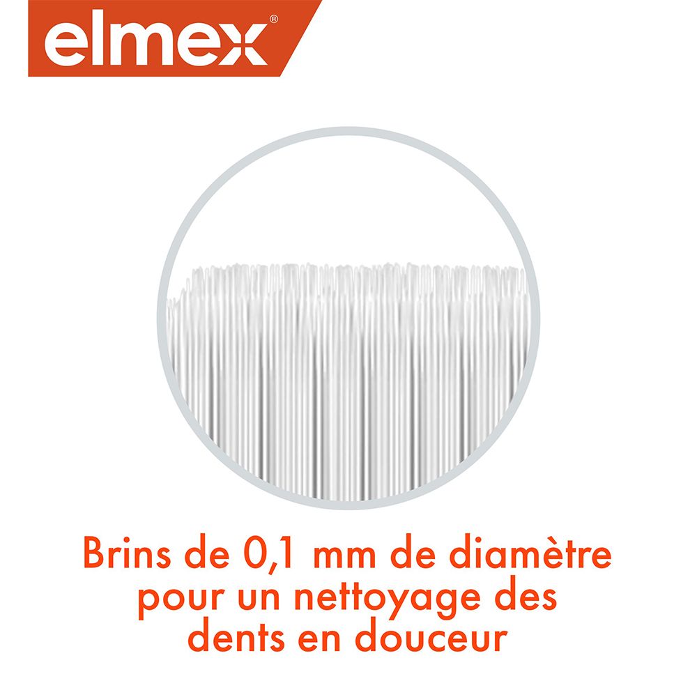 Nahaufnahme der Borsten einer elmex® UltraSoft Zahnbürste mit 0,1 mm Durchmesser.