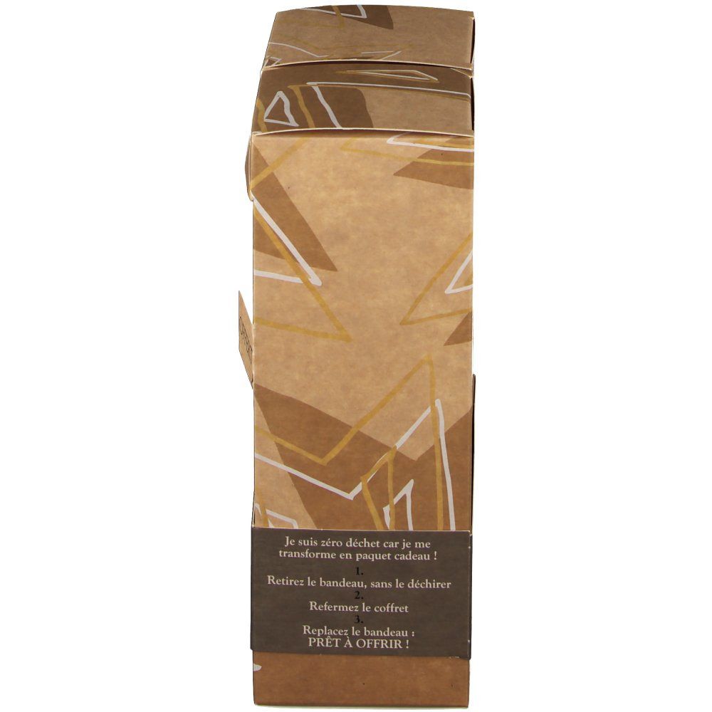 Braune Geschenkverpackung mit weiß-goldenen geometrischen Mustern. Text: „Ich bin Zero-Abfall, da ich mich in eine Geschenkverpackung verwandle!“